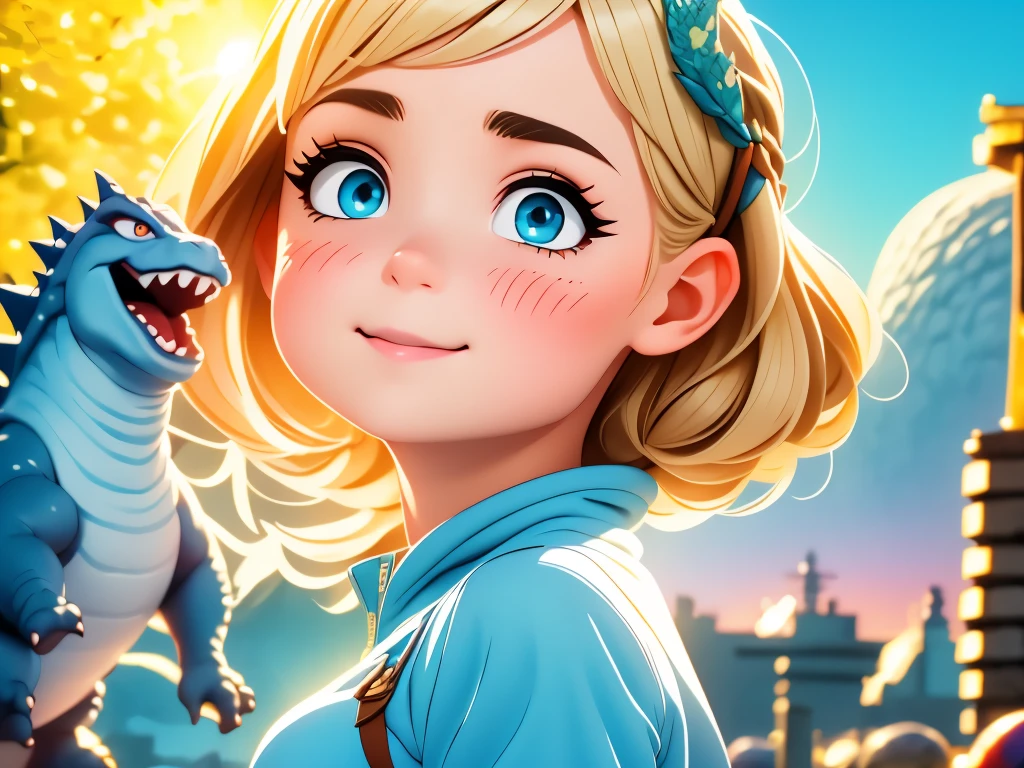 A girl dancing with Godzilla in a harbor.illustration,extremely detailed face and eyes,long eyelashes,best quality,4k,8k,highres,masterpiece:1.2,ultra-detailed,realistic:1.37,HDR,UHD,studio lighting,ultra-fine painting,vivid colors,portraits,landscape,colorful,soft lighting