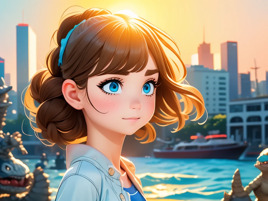 A girl dancing with Godzilla in a harbor.illustration,extremely detailed face and eyes,long eyelashes,best quality,4k,8k,highres,masterpiece:1.2,ultra-detailed,realistic:1.37,HDR,UHD,studio lighting,ultra-fine painting,vivid colors,portraits,landscape,colorful,soft lighting