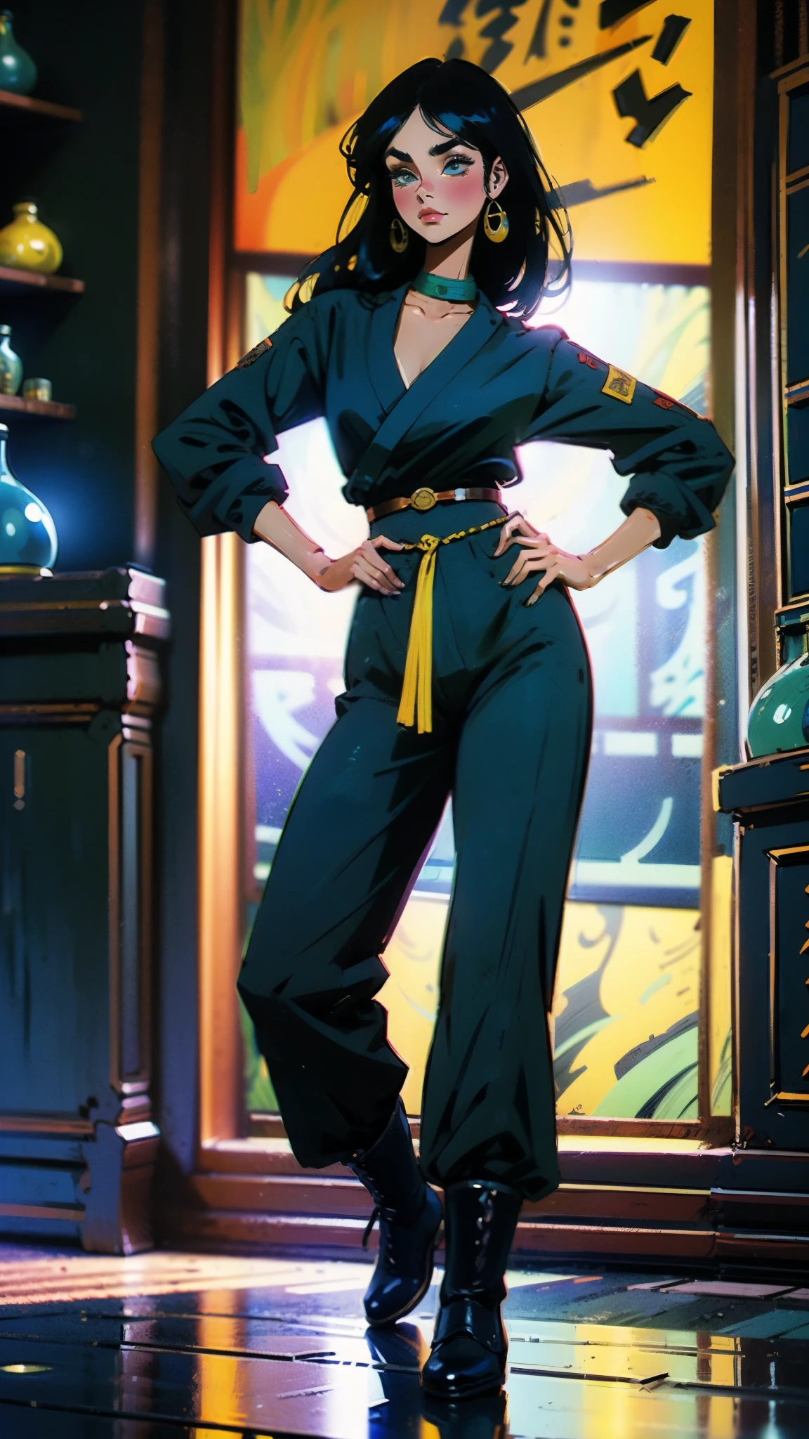 ((A young woman with flowing long dark blue hair, long side part bangs covering the right side of her face, sharp upward-arched thick eyebrows, large expressive eyes, a delicate oval face, a sensual wide mouth, a mocking expression, a fantasy martial arts-style emerald green short jacket with a blue undershirt, a high collar, rolled-up sleeves, matching fabric pants, a yellow waist belt, leather combat boots, one hand rests on her hip, surrounded by a cyan energy aura, standing in a fantasy style Chinese tavern)), this character embodies a finely crafted a fantasy martial arts heroine in anime style, exquisite and mature manga art style, pale skin, high definition, best quality, highres, ultra-detailed, ultra-fine painting, extremely delicate, professional, anatomically correct, symmetrical face, extremely detailed eyes and face, high quality eyes, creativity, RAW photo, UHD, 32k, Natural light, cinematic lighting, masterpiece-anatomy-perfect, masterpiece:1.5