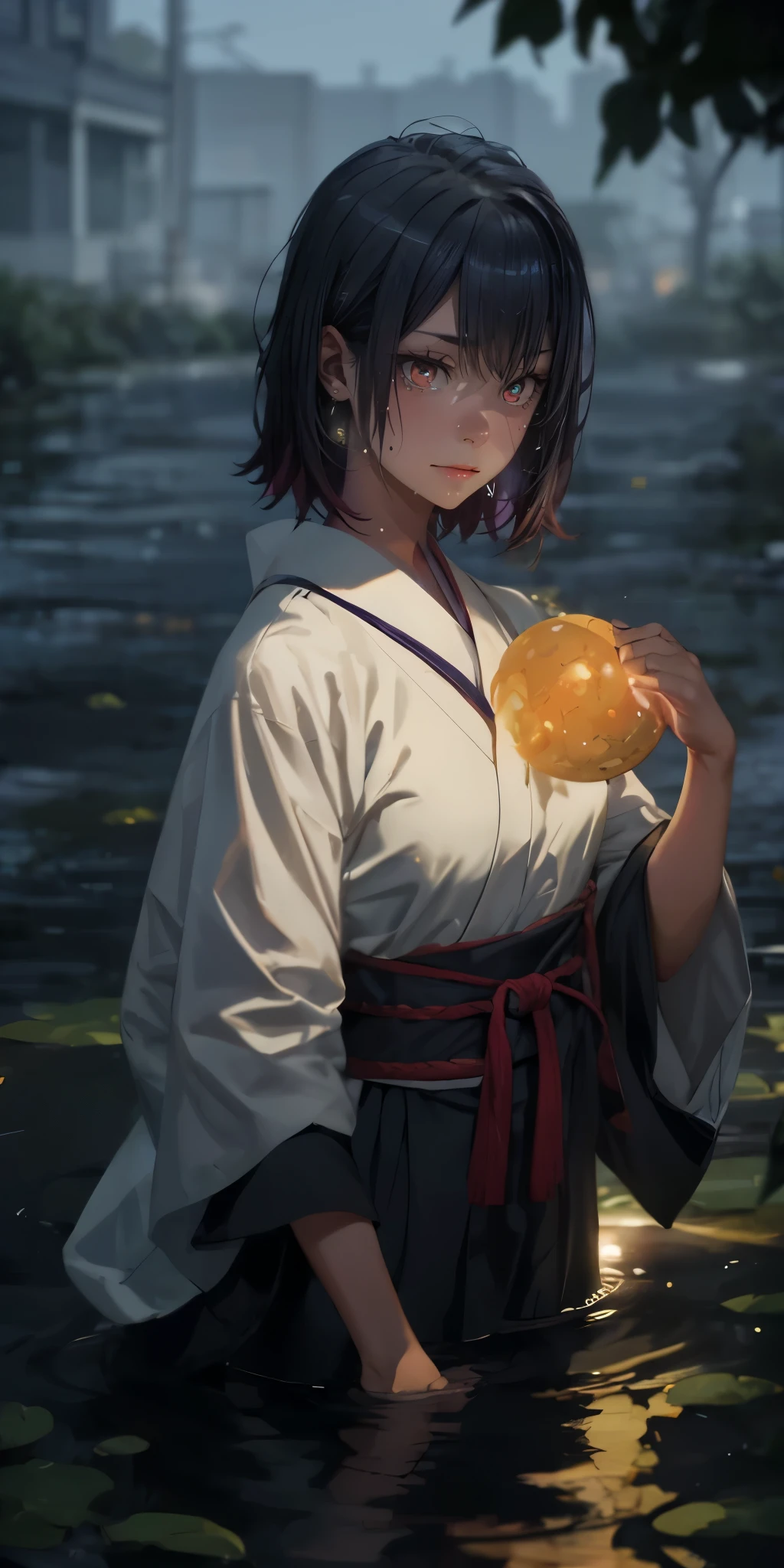 short hair, black hair, yukinoshita haruno, multicolored hair, , curvy, anatomically correct, heavy breathing, breasts 1girl, hair_ornament, hair_flower, flower, wading, solo,  japanese_clothes, water, blurry, black_hair, bangs, depth_of_field, outdoors, holding, standing, smile, closed_mouth, night, looking_at_viewer, hollow eyes, bright pupils, sweating, heavy breathing, steaming face, glowing eyes, purple eyes, expressionless, lazy eyes, "Photorealistic, Hyperrealistic, Hyperdetailed, analog style, soft lighting, subsurface scattering, realistic, heavy shadow, masterpiece, best quality, ultra realistic, 8k, golden ratio, Intricate, High Detail, film photography, soft focus", sweating, steaming body, fog,