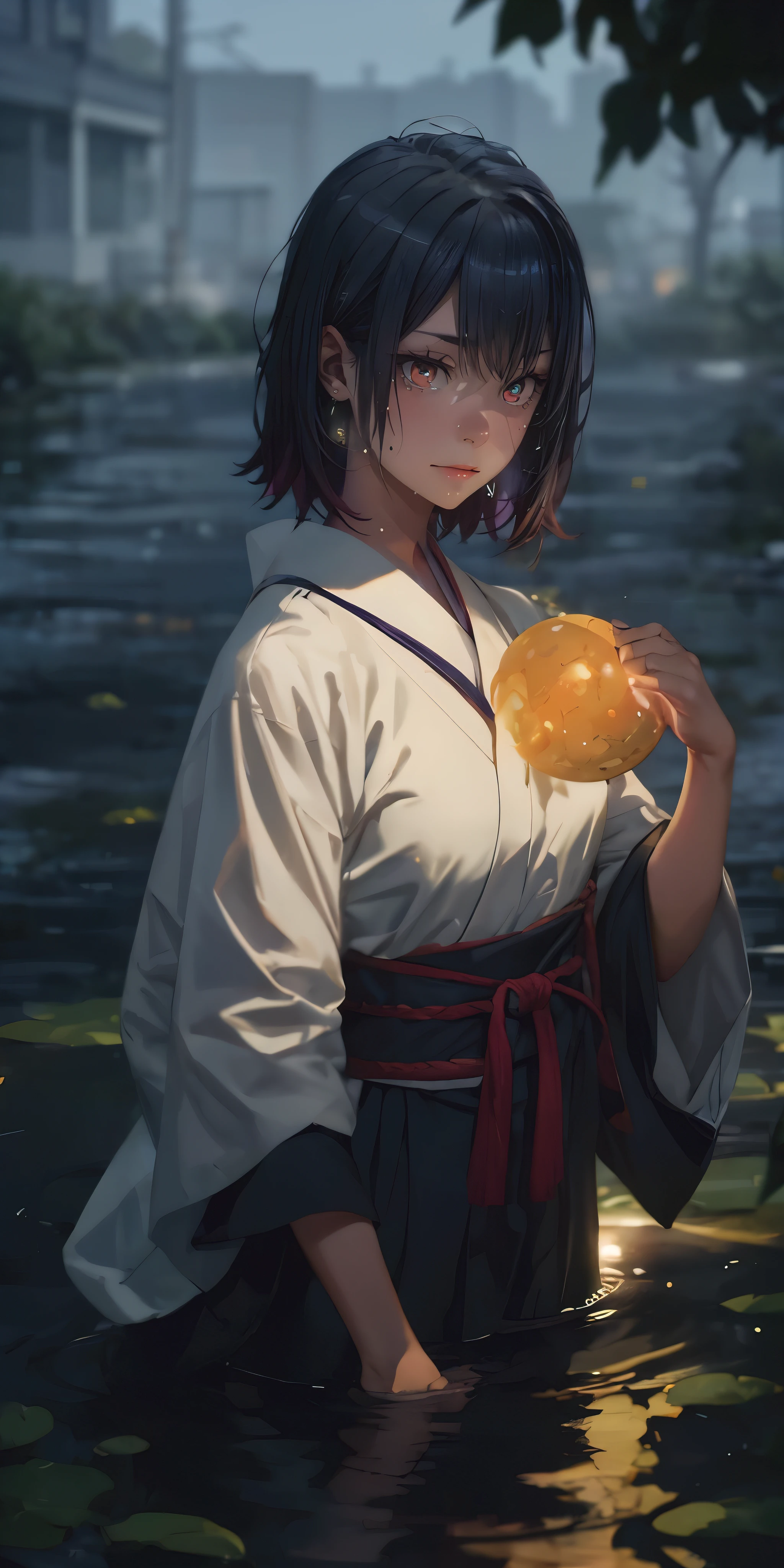 short hair, black hair, yukinoshita haruno, multicolored hair, , curvy, anatomically correct, heavy breathing, breasts 1girl, hair_ornament, hair_flower, flower, wading, solo,  japanese_clothes, water, blurry, black_hair, bangs, depth_of_field, outdoors, holding, standing, smile, closed_mouth, night, looking_at_viewer, hollow eyes, bright pupils, sweating, heavy breathing, steaming face, glowing eyes, purple eyes, expressionless, lazy eyes, "Photorealistic, Hyperrealistic, Hyperdetailed, analog style, soft lighting, subsurface scattering, realistic, heavy shadow, masterpiece, best quality, ultra realistic, 8k, golden ratio, Intricate, High Detail, film photography, soft focus", sweating, steaming body, fog,