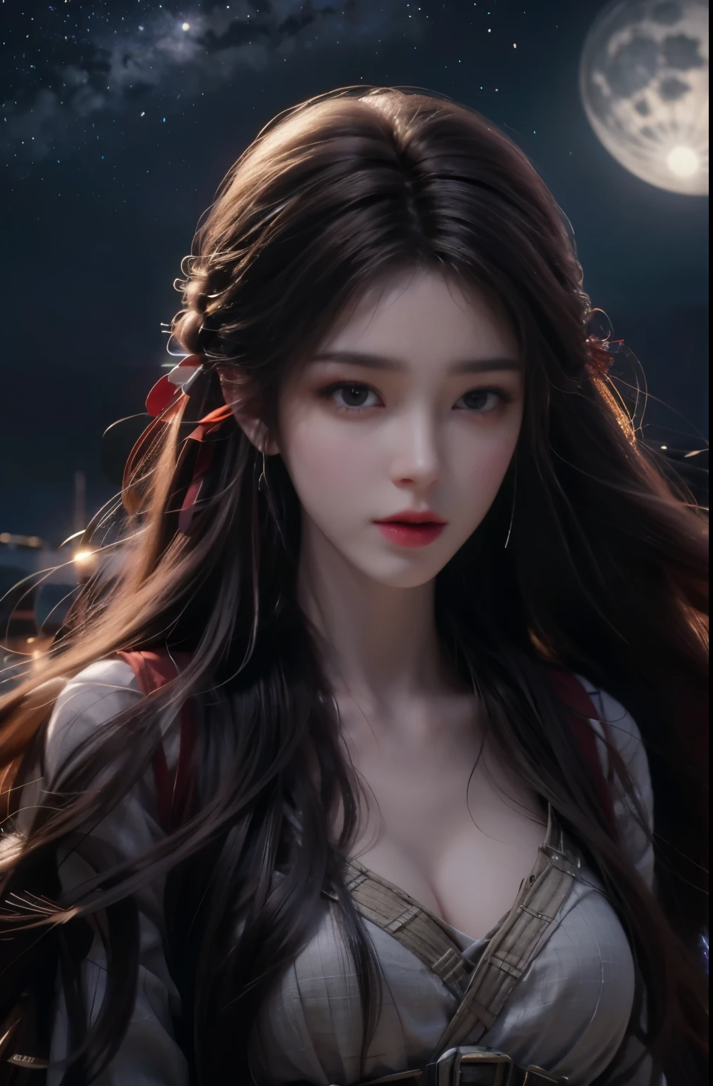 (girl,night view,Starry sky,close shot),(illustration,),(pretty,long hair),(sparkling stars,moonlight),(best quality,Super fine details),(romantic,colorful),(soft light,soft shine),(No revealing clothing)，Off the shoulders，Symmetrical charming eyes