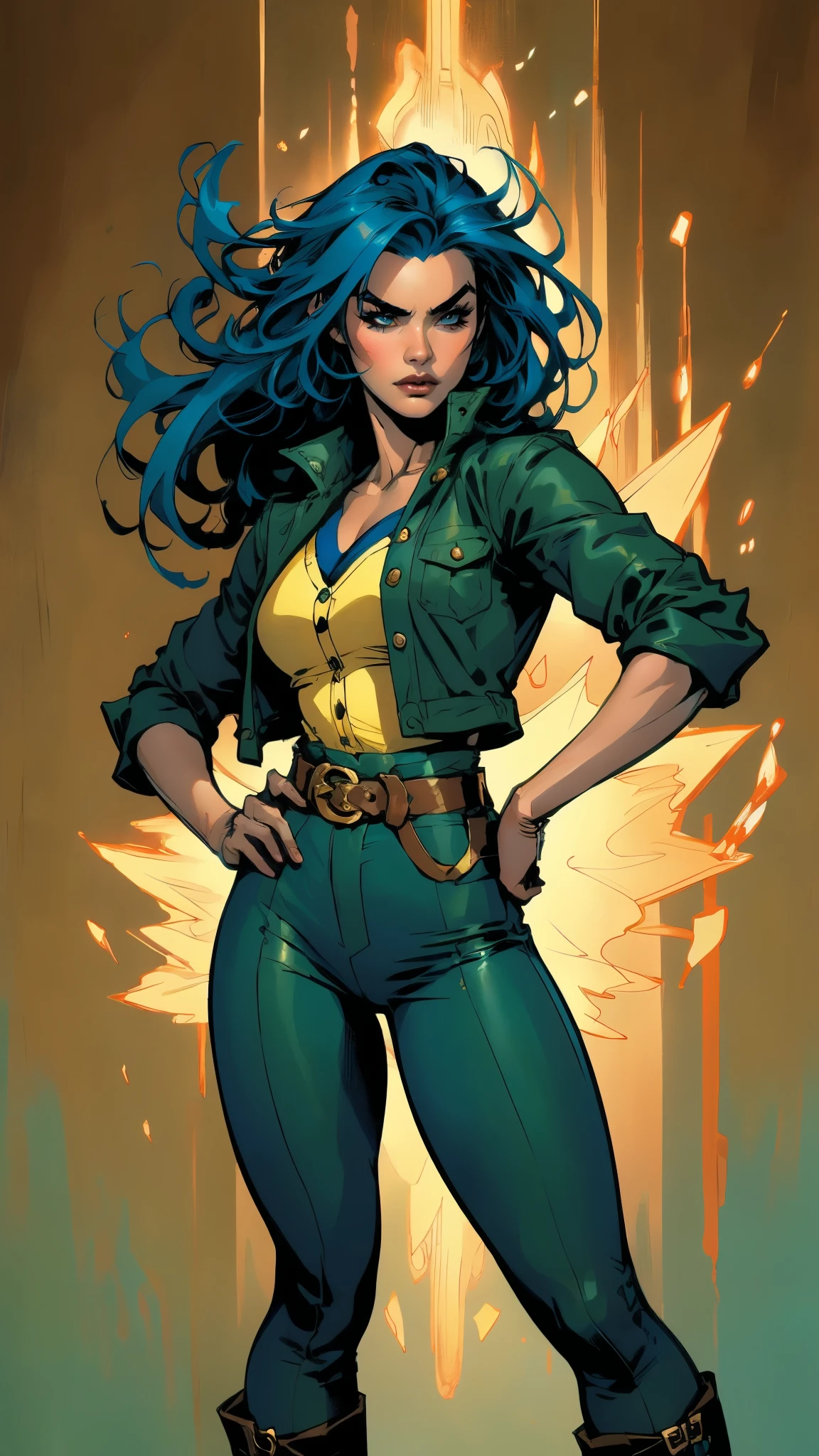 ((A young woman with flowing long dark blue hair, long side part bangs covering the right side of her face, sharp upward-arched thick eyebrows, large expressive eyes, a delicate oval face, a sensual wide mouth, a mocking expression, a fantasy martial arts-style emerald green short jacket with a blue undershirt, a high collar, rolled-up sleeves, matching fabric pants, a yellow waist belt, leather combat boots, one hand rests on her hip, surrounded by a cyan energy aura, standing in a fantasy style Chinese tavern)), this character embodies a finely crafted a fantasy martial arts heroine in anime style, exquisite and mature manga art style, pale skin, high definition, best quality, highres, ultra-detailed, ultra-fine painting, extremely delicate, professional, anatomically correct, symmetrical face, extremely detailed eyes and face, high quality eyes, creativity, RAW photo, UHD, 32k, Natural light, cinematic lighting, masterpiece-anatomy-perfect, masterpiece:1.5