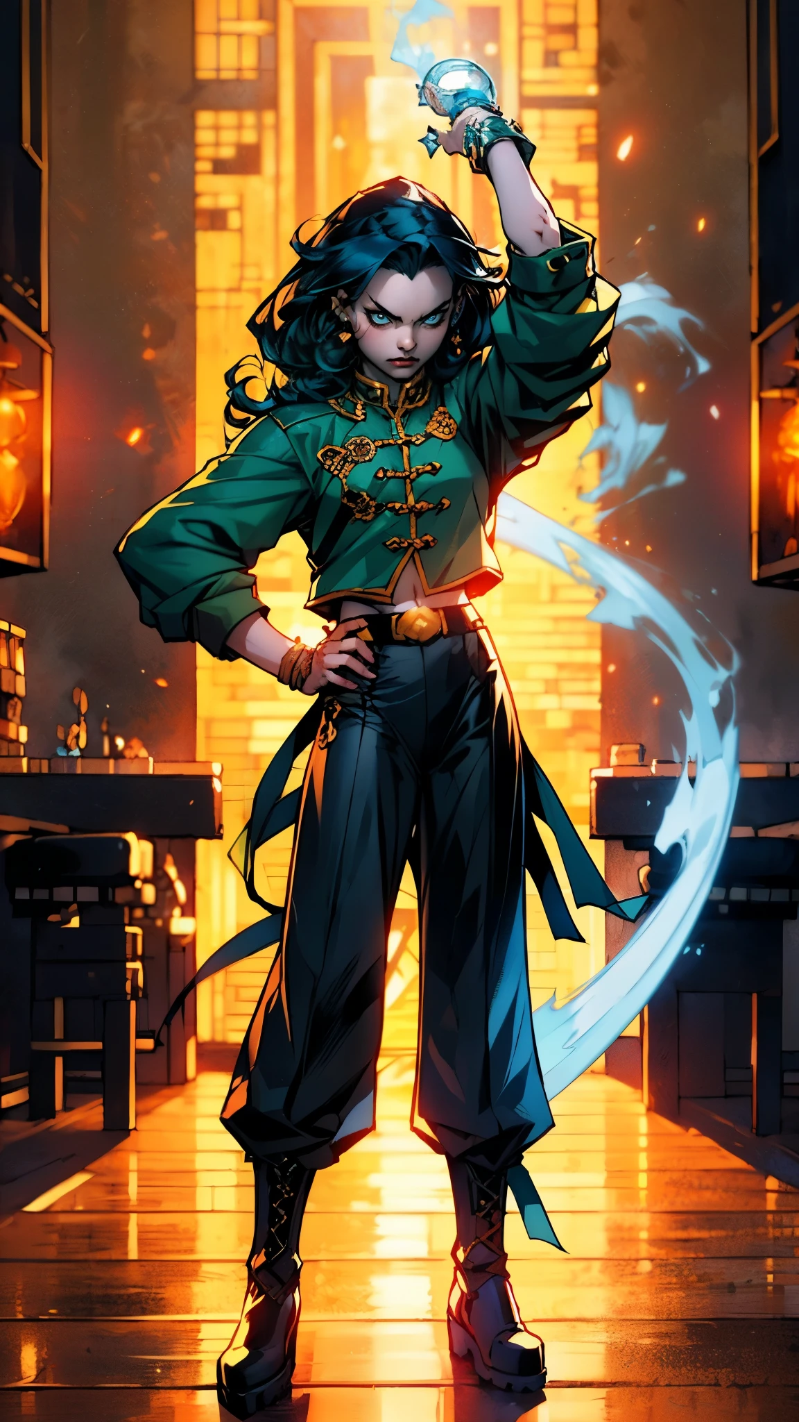 ((A young woman with flowing long dark blue hair, long side part bangs covering the right side of her face, sharp upward-arched thick eyebrows, large expressive eyes, a delicate oval face, a sensual wide mouth, a mocking expression, a fantasy martial arts-style emerald green short jacket with a blue undershirt, a high collar, rolled-up sleeves, matching fabric pants, a yellow waist belt, leather combat boots, one hand rests on her hip, surrounded by a cyan energy aura, standing in a fantasy style Chinese tavern)), this character embodies a finely crafted a fantasy martial arts heroine in anime style, exquisite and mature manga art style, pale skin, high definition, best quality, highres, ultra-detailed, ultra-fine painting, extremely delicate, professional, anatomically correct, symmetrical face, extremely detailed eyes and face, high quality eyes, creativity, RAW photo, UHD, 32k, Natural light, cinematic lighting, masterpiece-anatomy-perfect, masterpiece:1.5