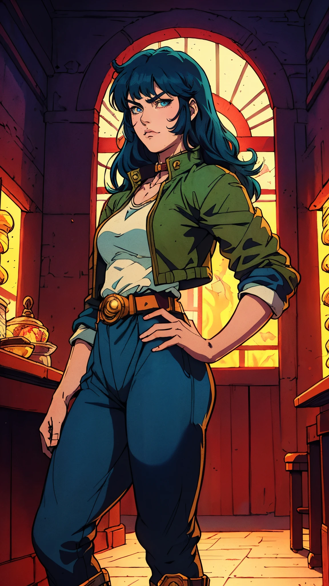 ((A young woman with flowing long dark blue hair, long side part bangs covering the right side of her face, sharp upward-arched thick eyebrows, large expressive eyes, a delicate oval face, a sensual wide mouth, a mocking expression, a fantasy martial arts-style emerald green short jacket with a blue undershirt, a high collar, rolled-up sleeves, matching fabric pants, a yellow waist belt, leather combat boots, one hand rests on her hip, surrounded by a cyan energy aura, standing in a fantasy style Chinese tavern)), this character embodies a finely crafted a fantasy martial arts heroine in anime style, exquisite and mature manga art style, pale skin, high definition, best quality, highres, ultra-detailed, ultra-fine painting, extremely delicate, professional, anatomically correct, symmetrical face, extremely detailed eyes and face, high quality eyes, creativity, RAW photo, UHD, 32k, Natural light, cinematic lighting, masterpiece-anatomy-perfect, masterpiece:1.5