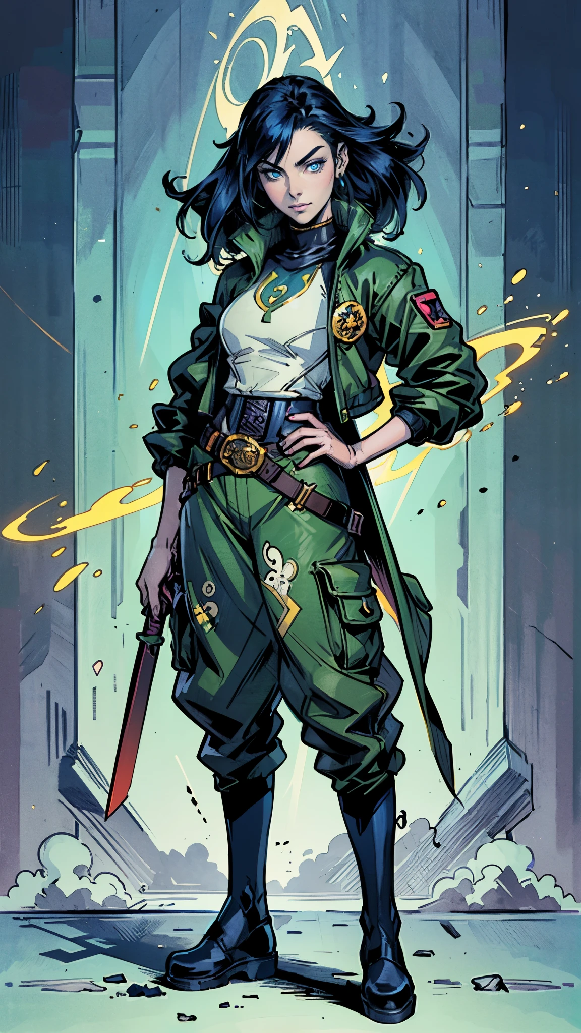 ((A young woman with flowing long dark blue hair, long side part bangs covering the right side of her face, sharp upward-arched thick eyebrows, large expressive eyes, a delicate oval face, a sensual wide mouth, a mocking expression, a fantasy martial arts-style emerald green short jacket with a blue undershirt, a high collar, rolled-up sleeves, matching fabric pants, a yellow waist belt, leather combat boots, one hand rests on her hip, surrounded by a cyan energy aura, standing in a fantasy style Chinese tavern)), this character embodies a finely crafted a fantasy martial arts heroine in anime style, exquisite and mature manga art style, pale skin, high definition, best quality, highres, ultra-detailed, ultra-fine painting, extremely delicate, professional, anatomically correct, symmetrical face, extremely detailed eyes and face, high quality eyes, creativity, RAW photo, UHD, 32k, Natural light, cinematic lighting, masterpiece-anatomy-perfect, masterpiece:1.5