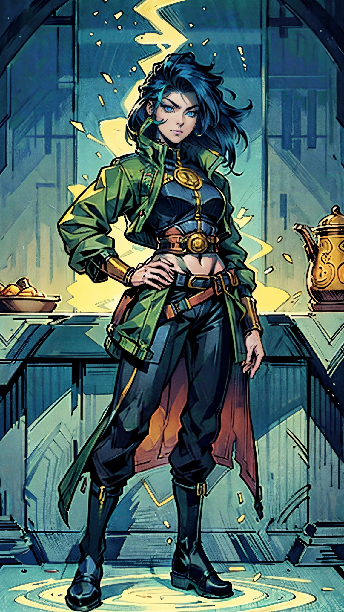 ((A young woman with flowing long dark blue hair, long side part bangs covering the right side of her face, sharp upward-arched thick eyebrows, large expressive eyes, a delicate oval face, a sensual wide mouth, a mocking expression, a fantasy martial arts-style emerald green short jacket with a blue undershirt, a high collar, rolled-up sleeves, matching fabric pants, a yellow waist belt, leather combat boots, one hand rests on her hip, surrounded by a cyan energy aura, standing in a fantasy style Chinese tavern)), this character embodies a finely crafted a fantasy martial arts heroine in anime style, exquisite and mature manga art style, pale skin, high definition, best quality, highres, ultra-detailed, ultra-fine painting, extremely delicate, professional, anatomically correct, symmetrical face, extremely detailed eyes and face, high quality eyes, creativity, RAW photo, UHD, 32k, Natural light, cinematic lighting, masterpiece-anatomy-perfect, masterpiece:1.5