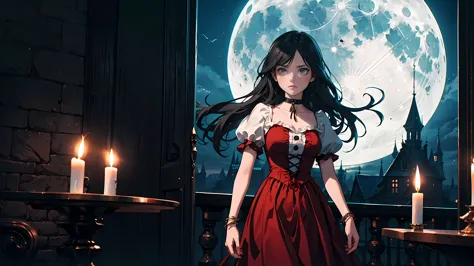 ((1girl)), long black hair, choker collar, bracelets, long Victorian style red dress, standing, cowboy shot, gothic castle, nigh...