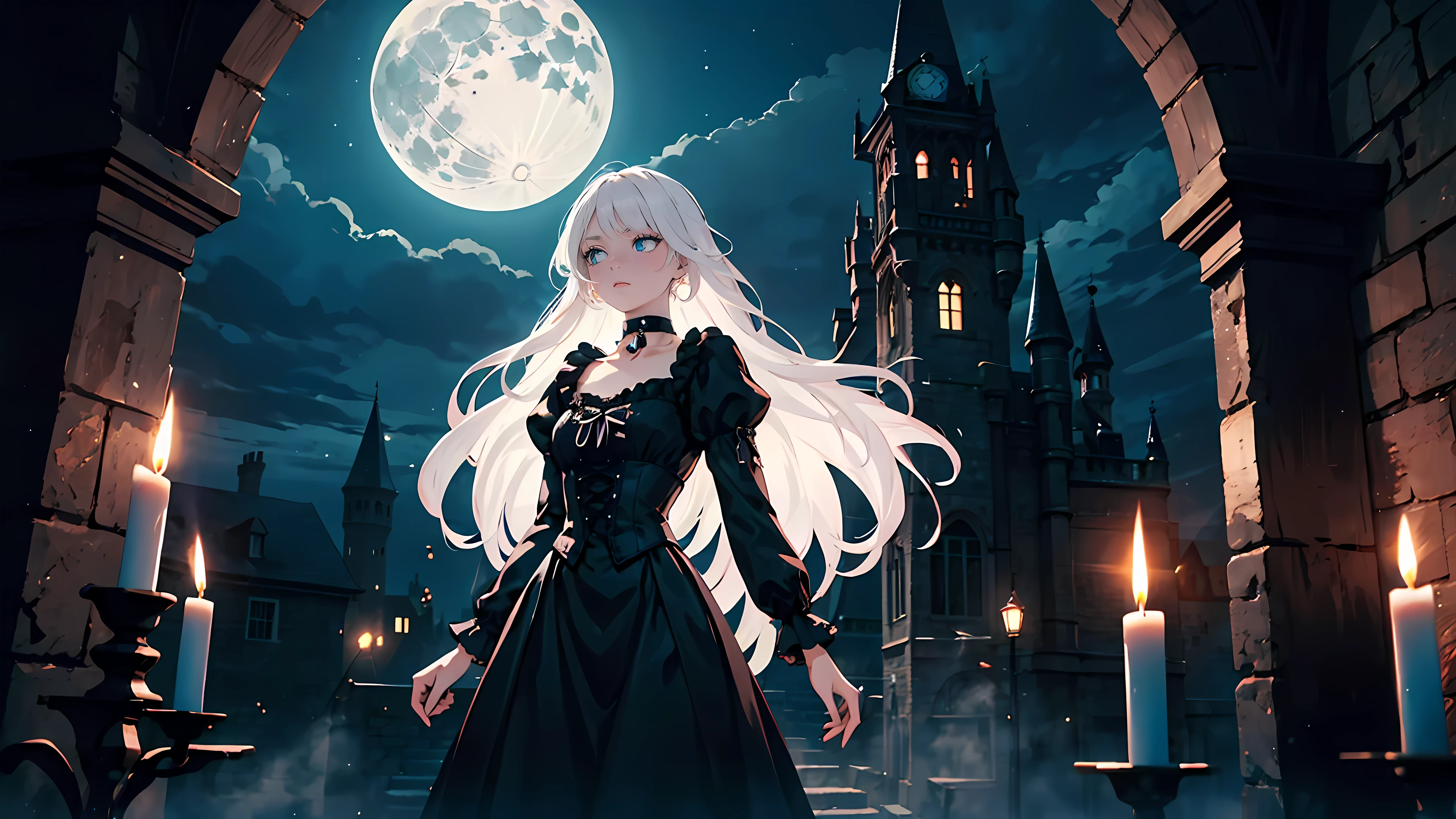 ((1girl)), long white hair, choker collar, bracelets, long Victorian style black dress, standing, cowboy shot, gothic castle, night, nighttime, one moon, moonlight, candles, candlelight, dramatic lighting, cinematic lighting, 