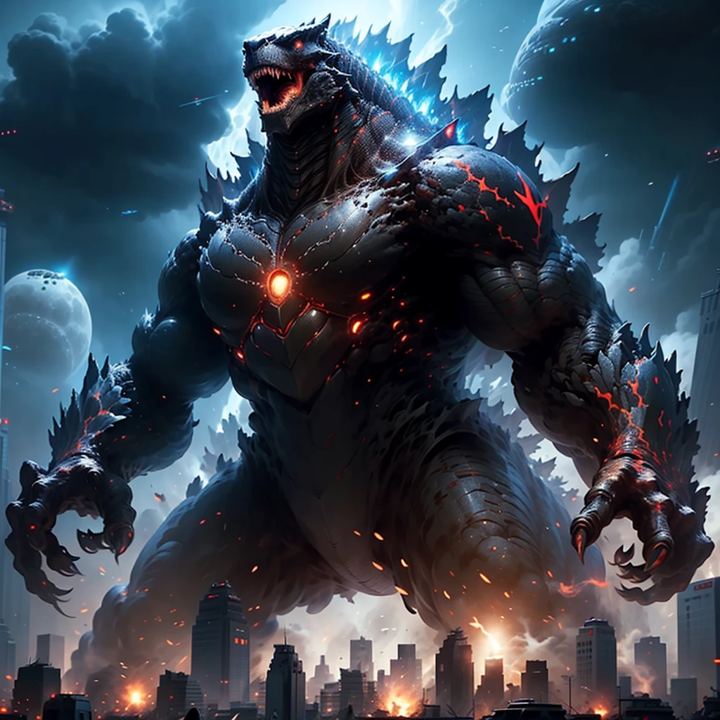 Godzilla roars,frustrated,ashenvy,genre:action,monster movie,best quality,ultra-detailed,realistic:1.37,Tokyo,mass destruction,debris flying,apocalyptic atmosphere,cityscape,skyscrapers,explosions,fire and smoke billowing,dramatic lighting,giant lizard,atomic fire breath,destructive power,UFO,hovering in the sky,mysterious,extraterrestrial craft