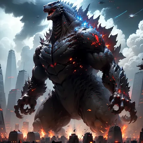 godzilla roars,frustrated,ashenvy,genre:action,monster movie,best quality,ultra-detailed,realistic:1.37,tokyo,mass destruction,d...