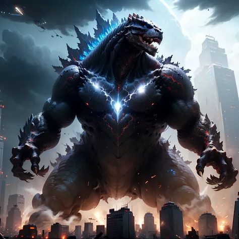 godzilla roars,frustrated,ashenvy,genre:action,monster movie,best quality,ultra-detailed,realistic:1.37,tokyo,mass destruction,d...