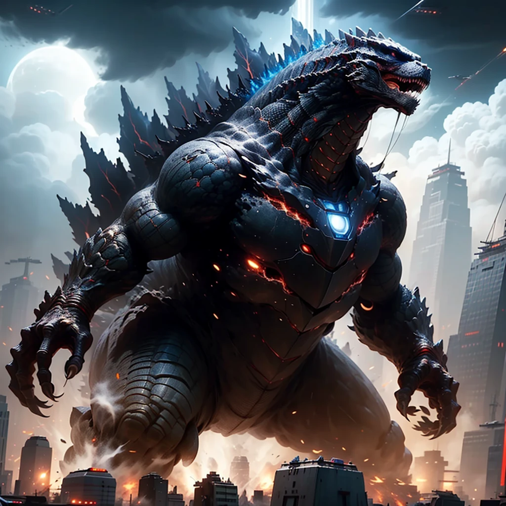 Godzilla roars,frustrated,ashenvy,genre:action,monster movie,best quality,ultra-detailed,realistic:1.37,Tokyo,mass destruction,debris flying,apocalyptic atmosphere,cityscape,skyscrapers,explosions,fire and smoke billowing,dramatic lighting,giant lizard,atomic fire breath,destructive power,UFO,hovering in the sky,mysterious,extraterrestrial craft