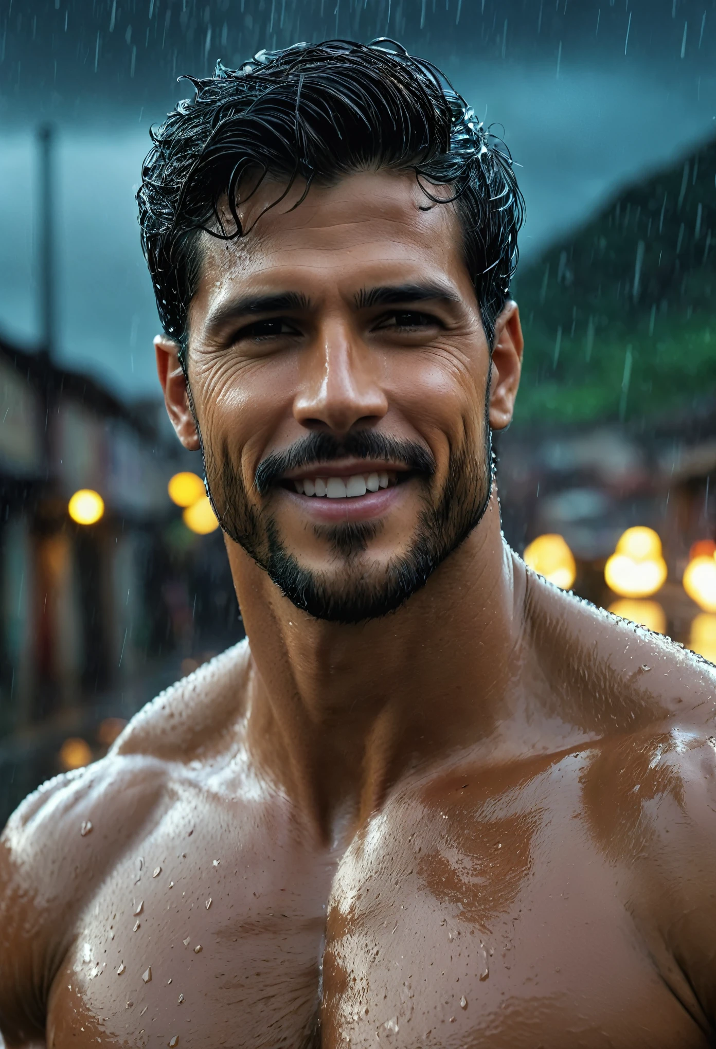 realist:1.3,( fotorrealist, 8k, RAW Photos, Premium quality, Masterpiece, epic lighting. close up, Centered image), (foreground),((1 beautiful man beautiful smile, self-confident well-formed muscles, Post Apocalyptic, Guerrero, Perfectly detailed face and body, (foreground), rainy scene, poor lighting due to rain,(( face and body wet from the rain:1.5)),lightning lighting, dynamic pose, beautiful and detailed hair, Leather Clothes)), ((Imaginative scene)),((perfect, meticulously detailed.:1.3)), ((full shot: 1.4)), ((best quality )), ((masterpiece)), 3D, (hyper detailed: 1.3), ((Epic Scenery: 1.3)), ((night background: 1.3 ))), (((night:1.2))), ( Photorealistic: 1.4), ((Front camera)),( (Low-light night cinematic lighting: 1.2)). 32