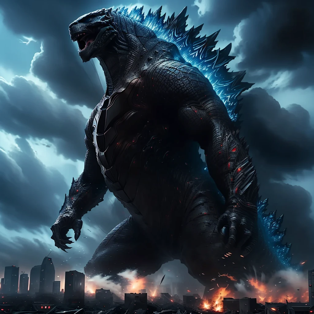 Godzilla roars,frustrated,ashenvy,genre:action,monster movie,best quality,ultra-detailed,realistic:1.37,Tokyo,mass destruction,debris flying,apocalyptic atmosphere,cityscape,skyscrapers,explosions,fire and smoke billowing,dramatic lighting,giant lizard,atomic fire breath,destructive power,UFO,hovering in the sky,mysterious,extraterrestrial craft