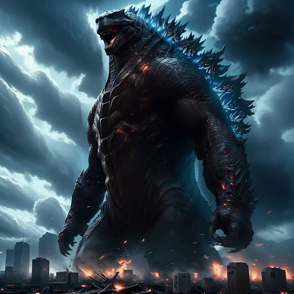 Godzilla roars,frustrated,ashenvy,genre:action,monster movie,best quality,ultra-detailed,realistic:1.37,Tokyo,mass destruction,debris flying,apocalyptic atmosphere,cityscape,skyscrapers,explosions,fire and smoke billowing,dramatic lighting,giant lizard,atomic fire breath,destructive power,UFO,hovering in the sky,mysterious,extraterrestrial craft