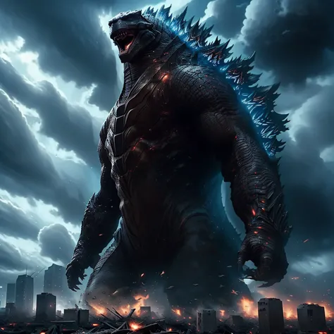 godzilla roars,frustrated,ashenvy,genre:action,monster movie,best quality,ultra-detailed,realistic:1.37,tokyo,mass destruction,d...