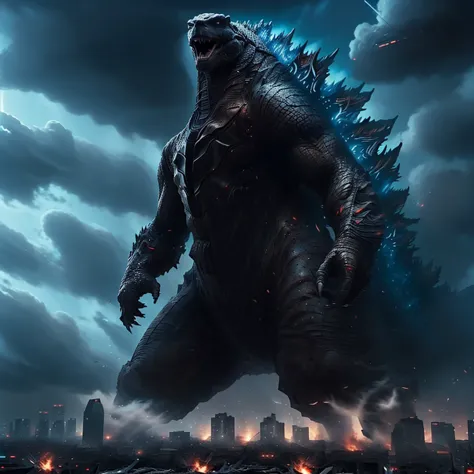 godzilla roars,frustrated,ashenvy,genre:action,monster movie,best quality,ultra-detailed,realistic:1.37,tokyo,mass destruction,d...