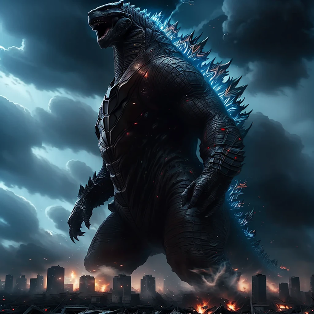 Godzilla roars,frustrated,ashenvy,genre:action,monster movie,best quality,ultra-detailed,realistic:1.37,Tokyo,mass destruction,debris flying,apocalyptic atmosphere,cityscape,skyscrapers,explosions,fire and smoke billowing,dramatic lighting,giant lizard,atomic fire breath,destructive power,UFO,hovering in the sky,mysterious,extraterrestrial craft