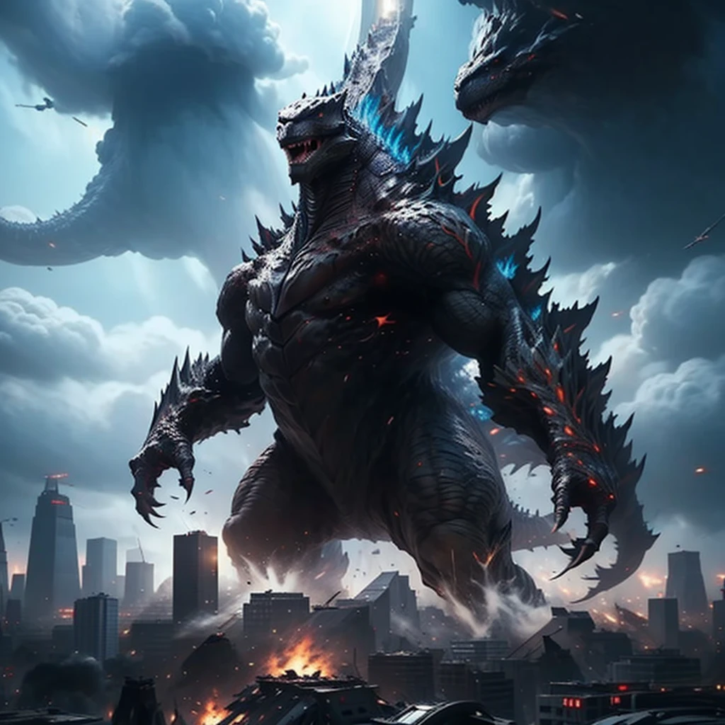 Godzilla roars,frustrated,ashenvy,genre:action,monster movie,best quality,ultra-detailed,realistic:1.37,Tokyo,mass destruction,debris flying,apocalyptic atmosphere,cityscape,skyscrapers,explosions,fire and smoke billowing,dramatic lighting,giant lizard,atomic fire breath,destructive power,UFO,hovering in the sky,mysterious,extraterrestrial craft