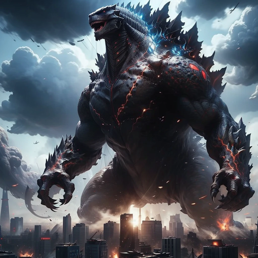 Godzilla roars,frustrated,ashenvy,genre:action,monster movie,best quality,ultra-detailed,realistic:1.37,Tokyo,mass destruction,debris flying,apocalyptic atmosphere,cityscape,skyscrapers,explosions,fire and smoke billowing,dramatic lighting,giant lizard,atomic fire breath,destructive power,UFO,hovering in the sky,mysterious,extraterrestrial craft