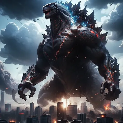 godzilla roars,frustrated,ashenvy,genre:action,monster movie,best quality,ultra-detailed,realistic:1.37,tokyo,mass destruction,d...