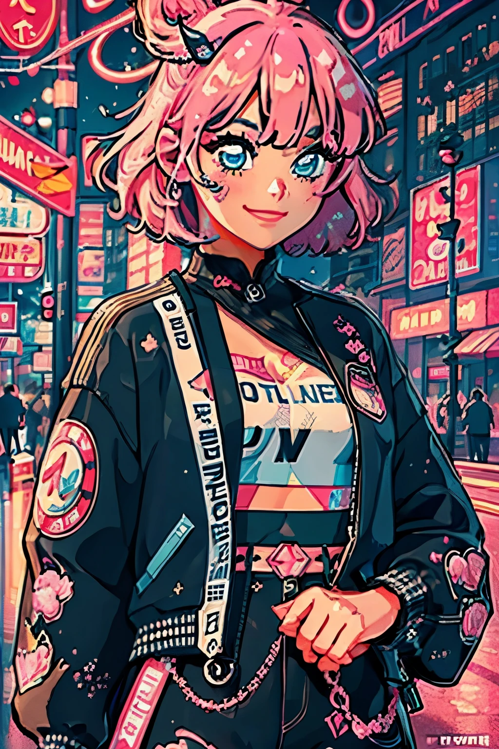 better quality, 4k wallpaper, masterpiece, Highly detailed CG uniform wallpaper 8k, very fine eyes, super detailed, intricate details, 1 girl, neon art style_pop, public, outdoor, road signs, city,short hair、pink hair,Fair skin， Because it was cropped, look at the audience,Smile here、from the front