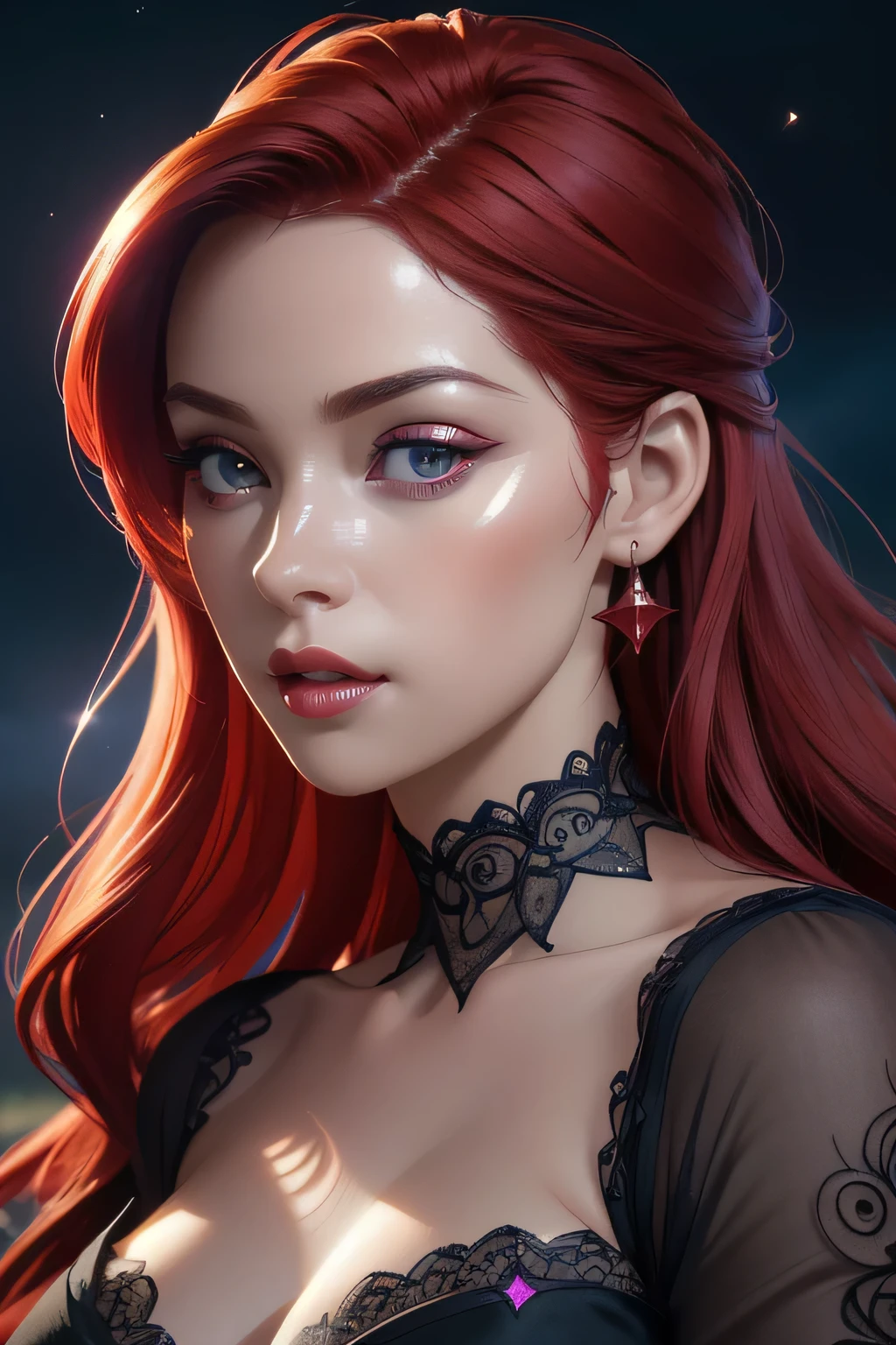 portrait shot, ((vivid red hair)), mature woman, 30 years old, diamond face, moonlight, red starry sky background, depth of field, magic, big red lips, ((dark black eyes)) black and red long and full dress, covered chest, mystical atmosphere, ominous shadows, Intense blue aura, Intense red aura (best quality:1.2), absurdres, intricate details, (highly detailed skin:1.2), smile expression, posing, taut and well defined body, attractive. Highly realistic, pale skin, beautiful, hyperrealism, skin very elaborated, direct gaze, (RAW, analogue, Nikon Z 14mm ultra-wide angle lens, award-winning glamour photograph, ((best quality)), ((masterpiece)), ((realistic)), skin pores, subsurface scattering, high-res, detailed facial features, high detail, sharp focus, smooth, aesthetic, extremely detailed, (extremely detailed eyes, extremely detailed iris), extremely detailed hair, extremely detailed skin, extremely detailed clothes, octane render, photorealistic, realistic, post-processing, max detail, realistic shadows, roughness, natural skin texture, real life, ultra-realistic, photorealism, photography, 8k UHD, photography, hdr, intricate, elegant, highly detailed, sharp focus, stunning, beautiful, gorgeous), realistic, masterpiece, highest quality, movie still, cloud girl, floating in the sky, (close-up:1.1), medium breast, bright, happy, fun, soft lighting, RAW photo, UHD, 32k, Natural light, cinematic lighting, masterpiece-anatomy-perfect, masterpiece:1.5
