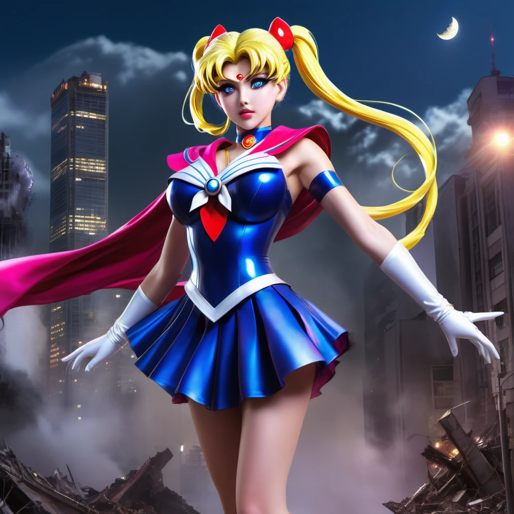 highres,realistic,a magically gigantic Sailor Moon,tattered uniform,terrified screams,flees,Godzilla,battered Tokyo,desolated cityscape,wrecked buildings,giant monster,destroyed streets,crumbling skyscrapers,smoke and dust,panicking crowds,flickering streetlights,moonlit night,distant sirens,roaring thunder,ominous atmosphere,apocalyptic scene,dystopian setting,expressive eyes,flowing hair,heroic pose,dynamic movement,moon tiara action,lunar power,vibrant colors,majestic glow,highlighted details,epic confrontation,concrete debris,fearful expressions,Victorian-inspired costume,wispy cape,superhuman speed,heart-pounding chase,unleashing the power,city in chaos.