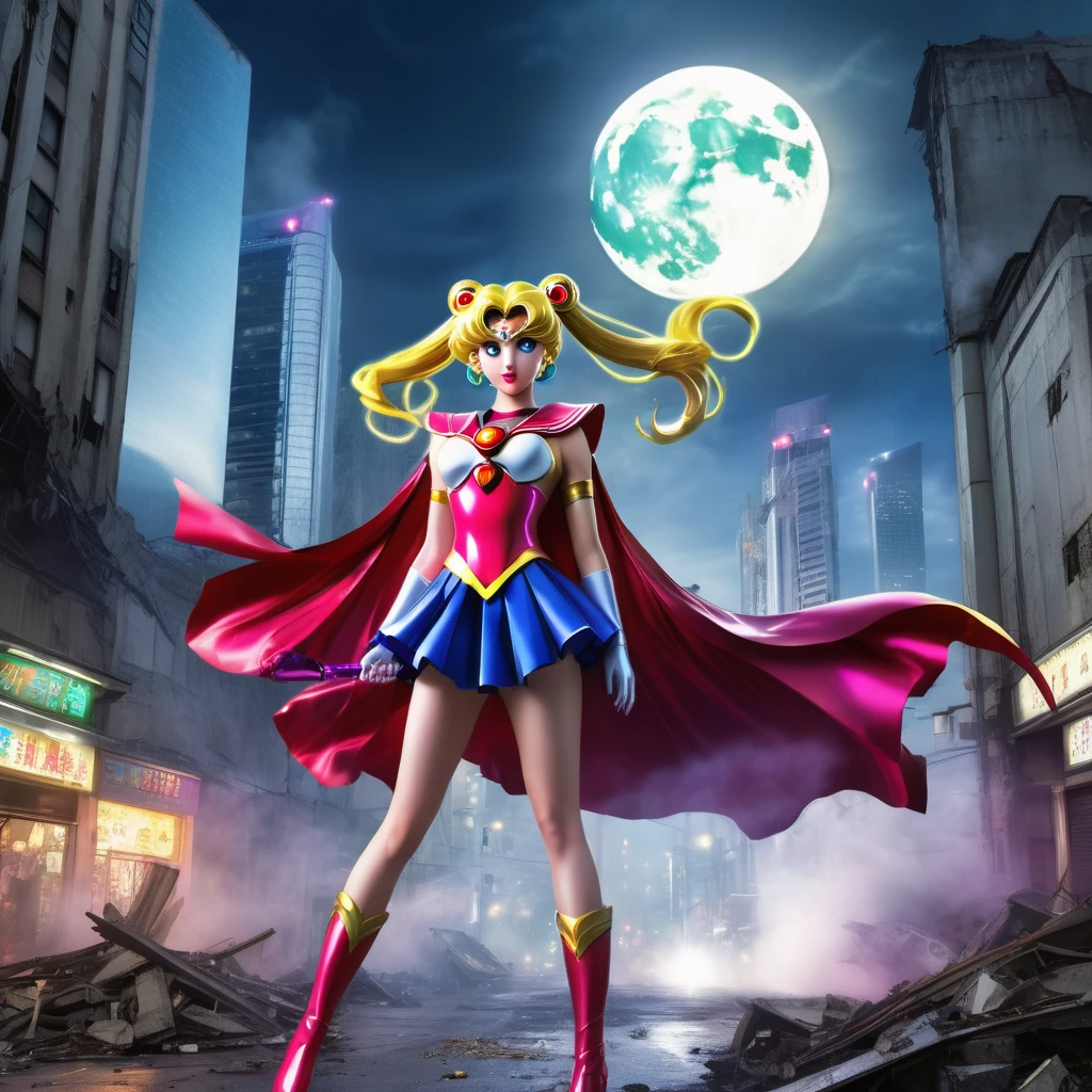 highres,realistic,a magically gigantic Sailor Moon,tattered uniform,terrified screams,flees,Godzilla,battered Tokyo,desolated cityscape,wrecked buildings,giant monster,destroyed streets,crumbling skyscrapers,smoke and dust,panicking crowds,flickering streetlights,moonlit night,distant sirens,roaring thunder,ominous atmosphere,apocalyptic scene,dystopian setting,expressive eyes,flowing hair,heroic pose,dynamic movement,moon tiara action,lunar power,vibrant colors,majestic glow,highlighted details,epic confrontation,concrete debris,fearful expressions,Victorian-inspired costume,wispy cape,superhuman speed,heart-pounding chase,unleashing the power,city in chaos.