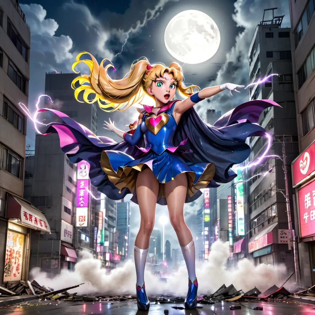 highres,realistic,a magically gigantic Sailor Moon,tattered uniform,terrified screams,flees,Godzilla,battered Tokyo,desolated cityscape,wrecked buildings,giant monster,destroyed streets,crumbling skyscrapers,smoke and dust,panicking crowds,flickering streetlights,moonlit night,distant sirens,roaring thunder,ominous atmosphere,apocalyptic scene,dystopian setting,expressive eyes,flowing hair,heroic pose,dynamic movement,moon tiara action,lunar power,vibrant colors,majestic glow,highlighted details,epic confrontation,concrete debris,fearful expressions,Victorian-inspired costume,wispy cape,superhuman speed,heart-pounding chase,unleashing the power,city in chaos.