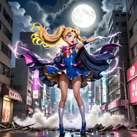 highres,realistic,a magically gigantic Sailor Moon,tattered uniform,terrified screams,flees,Godzilla,battered Tokyo,desolated ci...