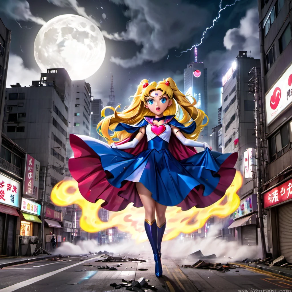 highres,realistic,a magically gigantic Sailor Moon,tattered uniform,terrified screams,flees,Godzilla,battered Tokyo,desolated cityscape,wrecked buildings,giant monster,destroyed streets,crumbling skyscrapers,smoke and dust,panicking crowds,flickering streetlights,moonlit night,distant sirens,roaring thunder,ominous atmosphere,apocalyptic scene,dystopian setting,expressive eyes,flowing hair,heroic pose,dynamic movement,moon tiara action,lunar power,vibrant colors,majestic glow,highlighted details,epic confrontation,concrete debris,fearful expressions,Victorian-inspired costume,wispy cape,superhuman speed,heart-pounding chase,unleashing the power,city in chaos.