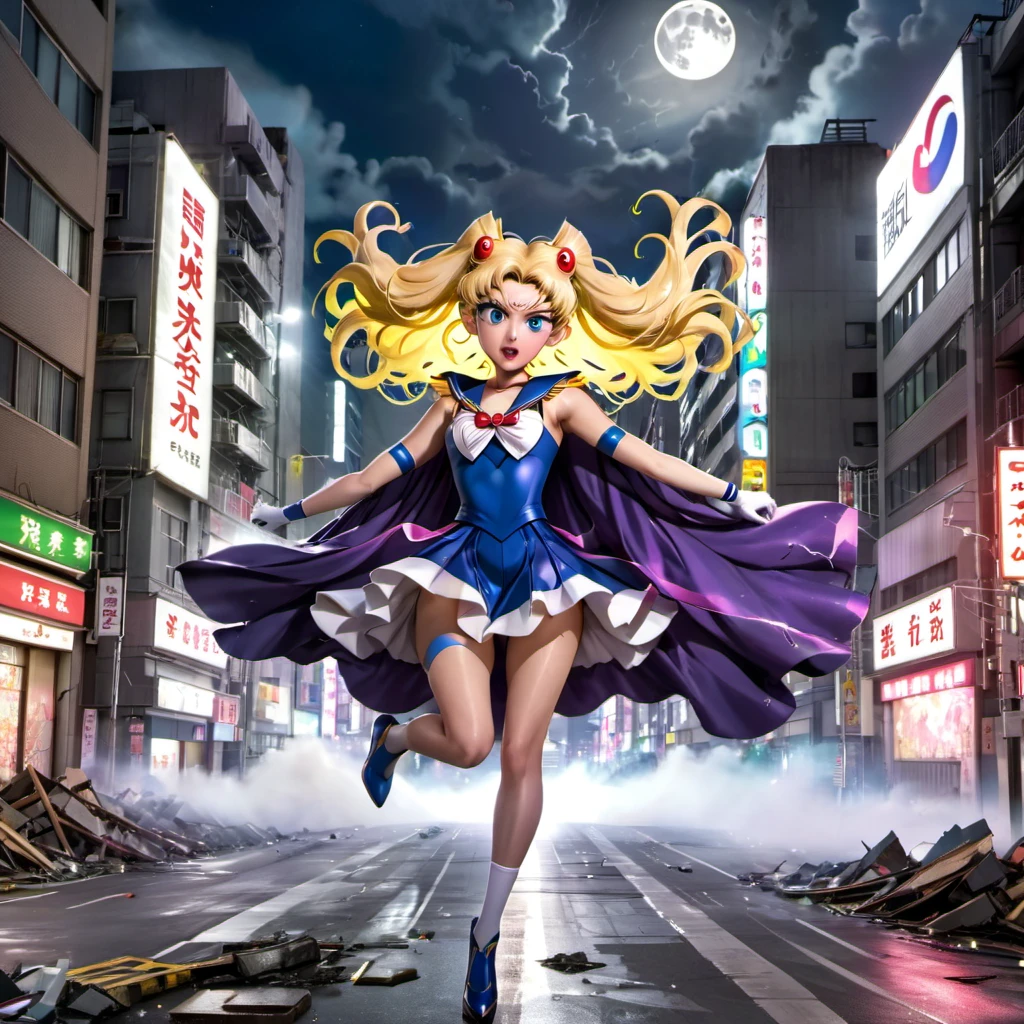 highres,realistic,a magically gigantic Sailor Moon,tattered uniform,terrified screams,flees,Godzilla,battered Tokyo,desolated cityscape,wrecked buildings,giant monster,destroyed streets,crumbling skyscrapers,smoke and dust,panicking crowds,flickering streetlights,moonlit night,distant sirens,roaring thunder,ominous atmosphere,apocalyptic scene,dystopian setting,expressive eyes,flowing hair,heroic pose,dynamic movement,moon tiara action,lunar power,vibrant colors,majestic glow,highlighted details,epic confrontation,concrete debris,fearful expressions,Victorian-inspired costume,wispy cape,superhuman speed,heart-pounding chase,unleashing the power,city in chaos.