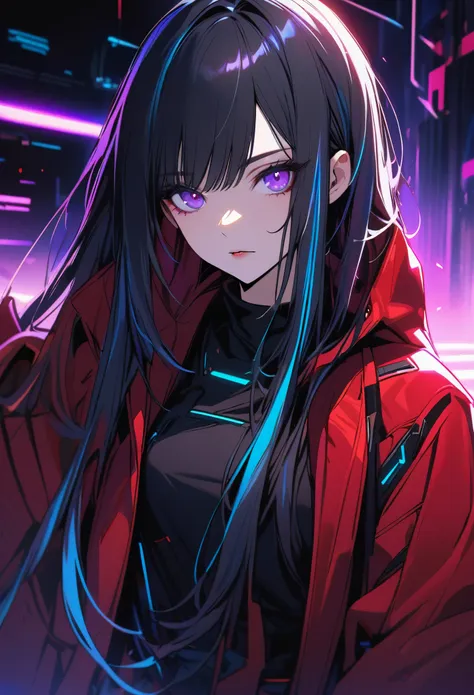 Handsome, solo, 1 female, long hair, black hair, blue highlights on hair tips, purple eyes, black shirt, red robe, futuristic, cyberpunk