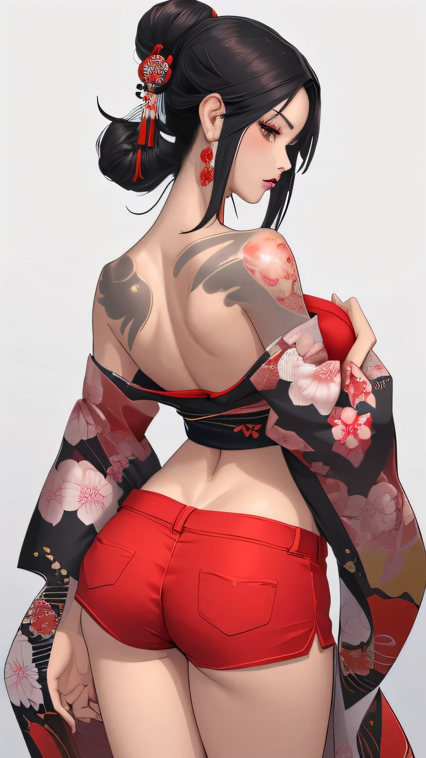 Japonesa, tatuajes en el cuerpo, hermosa, rostro detallado, cuerpo completo, kimono, mini falda, pechos grandes, nalgas grandes, Red Shorts, lasiva 