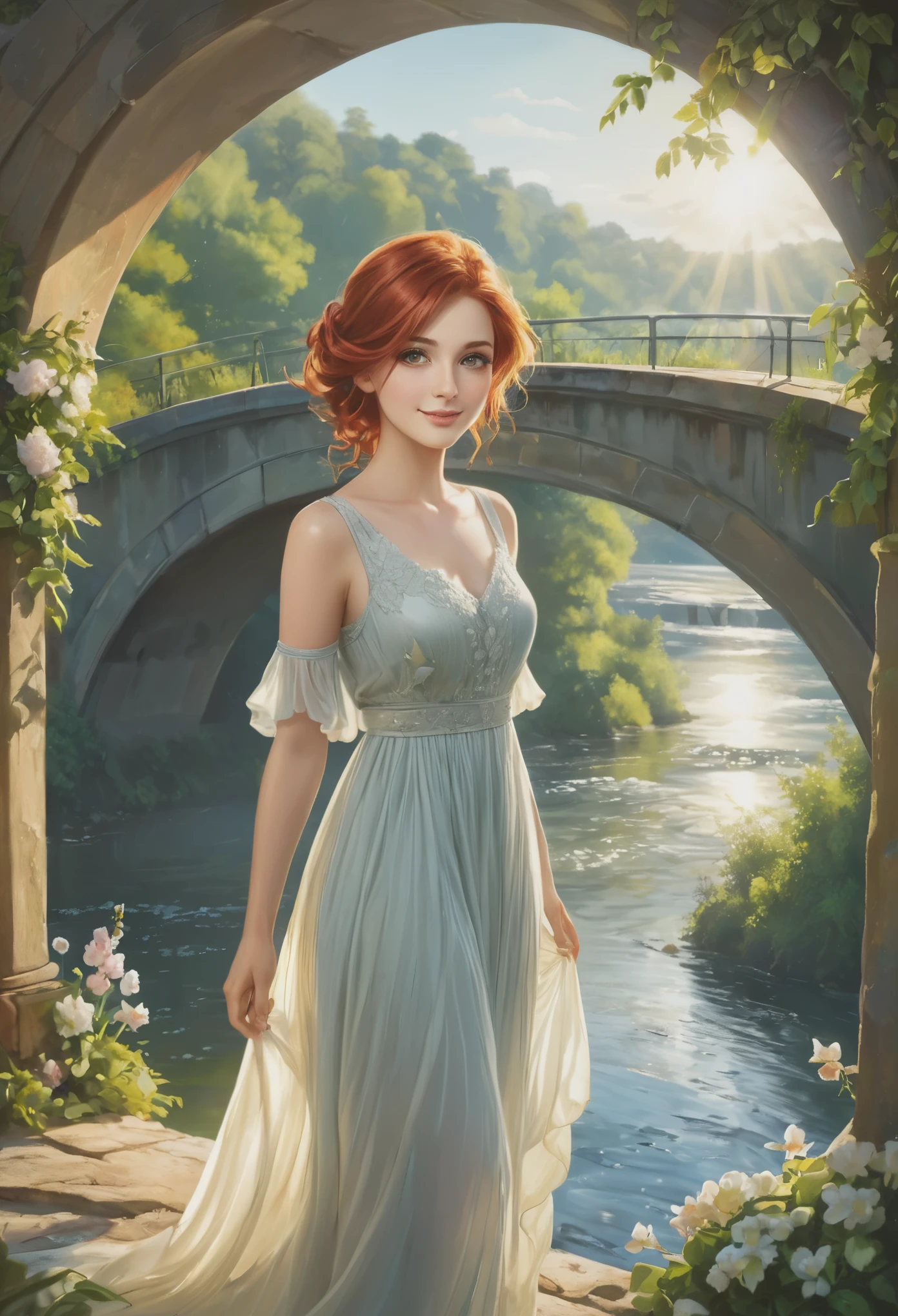 A beautiful redhead babe with giant  looking down from the bridge, oil painting, vibrant colors, soft sunlight, realistic, high resolution, ultra-detailed, HDR, portrait, stunning eyes, rosy cheeks, captivating smile, flowing red hair, elegant dress, standing confidently, surrounded by flowers, lush greenery, slight breeze, peaceful river flowing underneath, birds flying in the sky, old stone bridge with intricate details, warm golden tones, rays of sunlight illuminating the scene, creating a dreamlike ambiance.