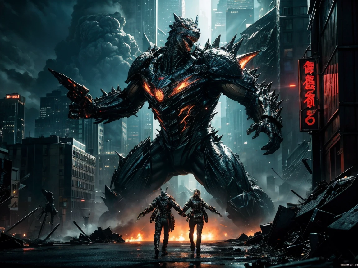 Magazinstrecke mit einem Werbeplakat für "Godzilla gegen Transformers, " Kolossale Kreaturen, die zwischen Wolkenkratzern aufeinanderprallen, intensive, dramatische Beleuchtung mit scharfen Schatten und Lichtern, hyperdetaillierte Texturierung imitiert Octane-Rendering, dynamische Winkel, die ein Gefühl von Bewegung vermitteln, unter einem Neonambiente mit abstrakten schwarzen Ölspritzern, mechanische Getriebe, die in Transformator-Designs integriert werden, detaillierte Acryltextur, die eine Grunge-Ästhetik suggeriert, Komplexität der Szene hervorgehoben ,Meisterwerk, höchste Qualität, Höchste Bildqualität, Hohe Auflösung, 