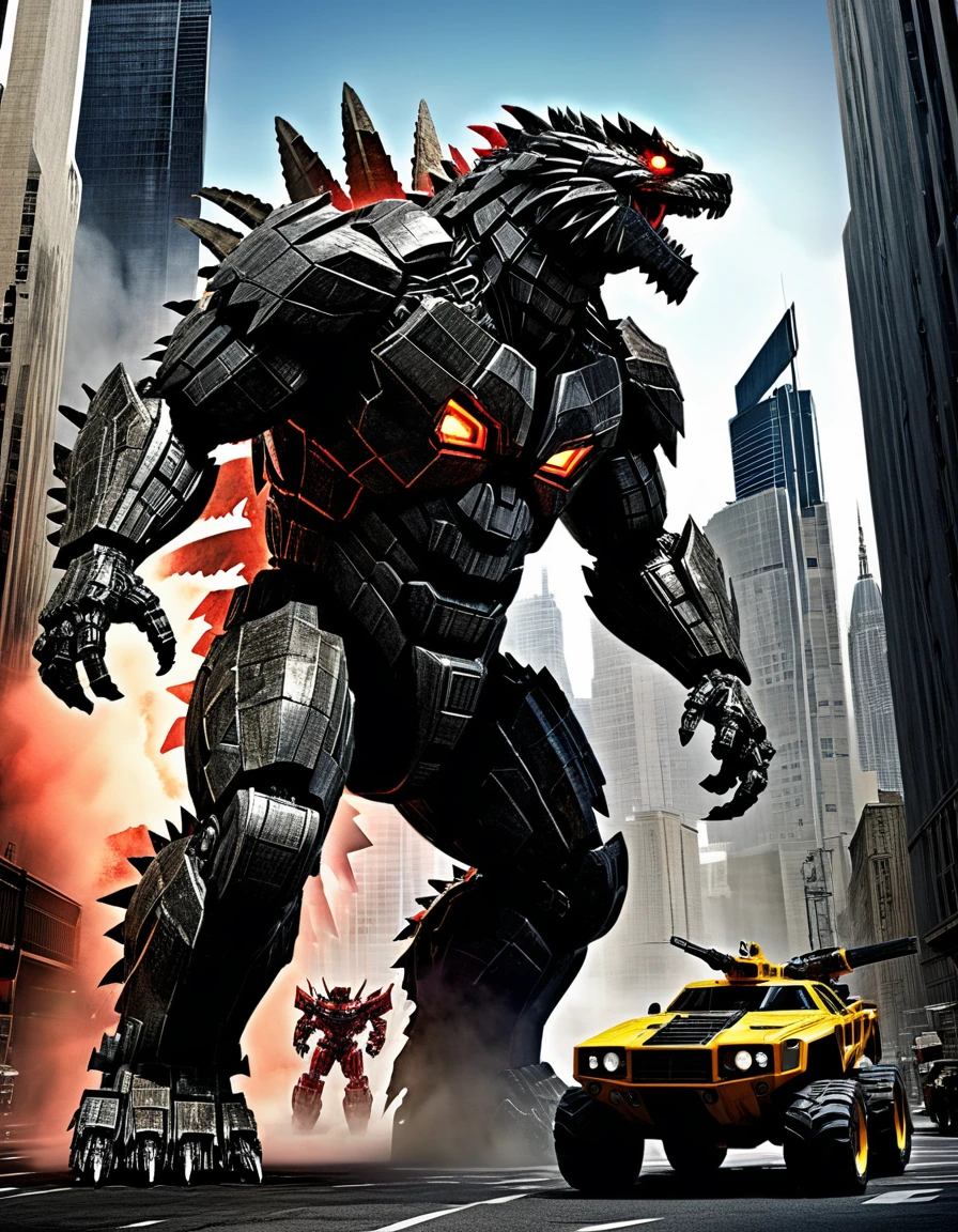 Magazine spread featuring a promotional poster for "Godzilla vs Transformers " colossal creatures clashing amid skyscrapers, intense dramatic lighting casting sharp shadows and highlights, hyper-detailed texturing mimicking octane rendering, dynamic angles conveying a sense of motion, under a neon ambiance with abstract black oil splashes, mechanical gears integrating into Transformer designs, detailed acrylic texture suggesting a grunge aesthetic, complexity of the scene highlighted ,masterpiece, highest quality, Highest image quality, High resolution, 