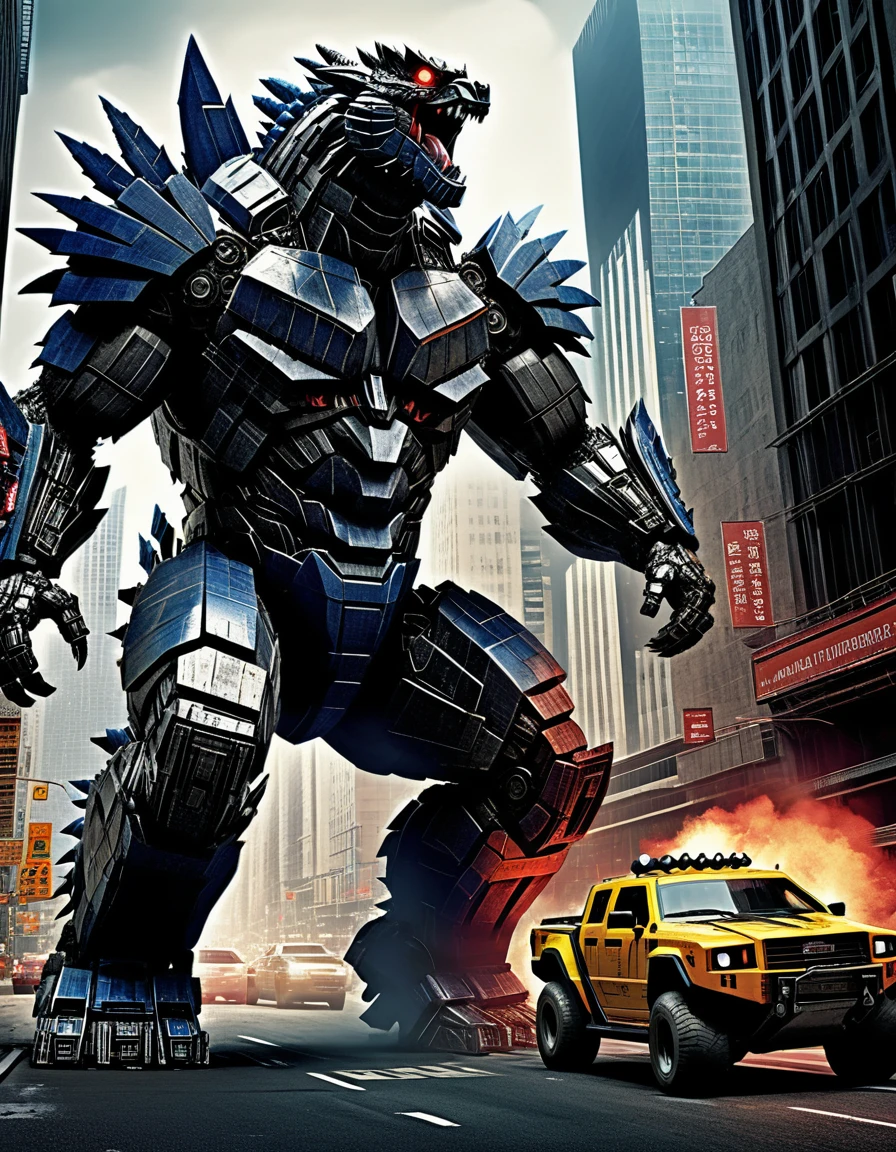 Magazinstrecke mit einem Werbeplakat für "Godzilla gegen Transformers " Kolossale Kreaturen, die zwischen Wolkenkratzern aufeinanderprallen, intensive, dramatische Beleuchtung mit scharfen Schatten und Lichtern, hyperdetaillierte Texturierung imitiert Octane-Rendering, dynamische Winkel, die ein Gefühl von Bewegung vermitteln, unter einem Neonambiente mit abstrakten schwarzen Ölspritzern, mechanische Getriebe, die in Transformator-Designs integriert werden, detaillierte Acryltextur, die eine Grunge-Ästhetik suggeriert, Komplexität der Szene hervorgehoben ,Meisterwerk, höchste Qualität, Höchste Bildqualität, Hohe Auflösung, 