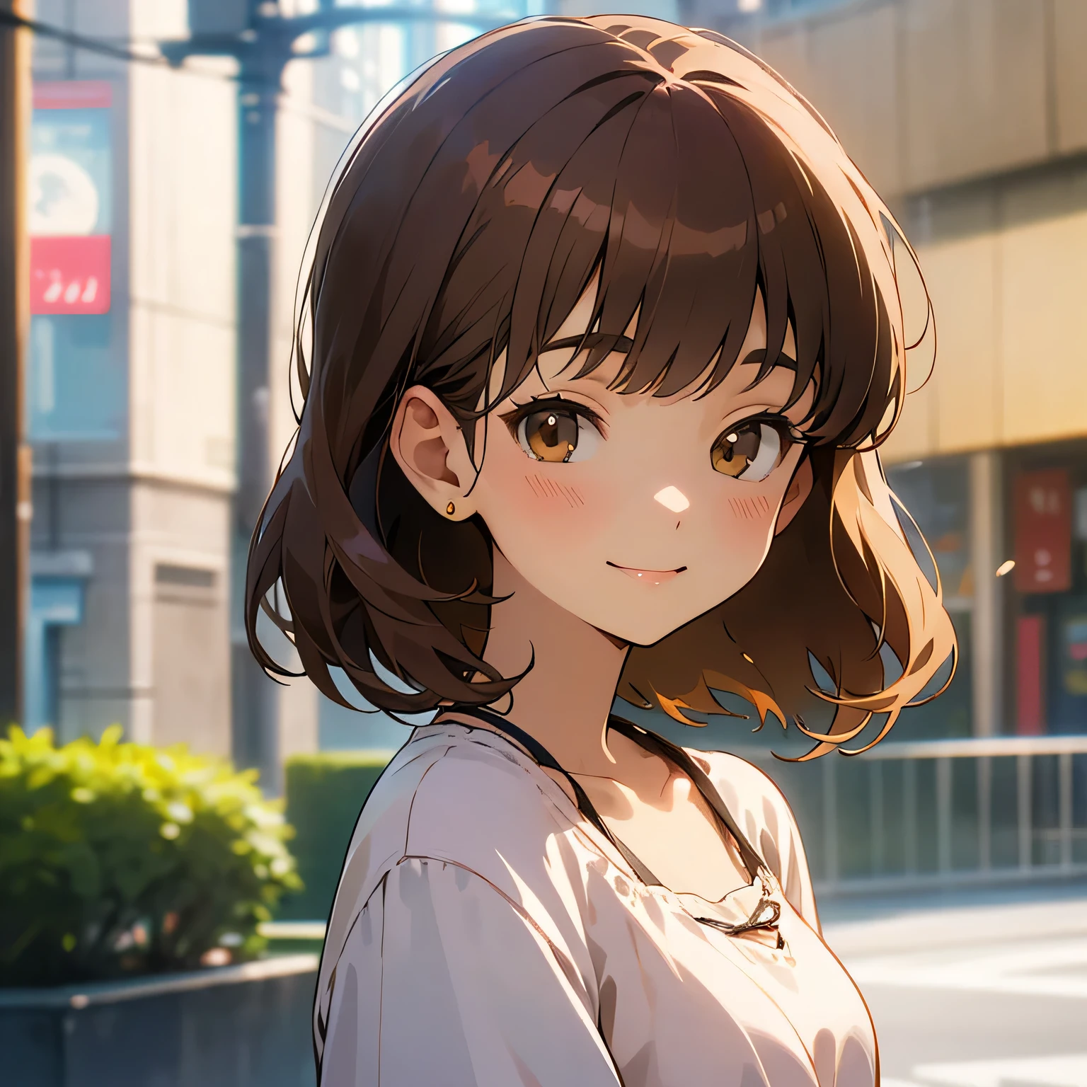 light brown hair,Hair on the right side is tied behind the ear、Smiling gently、lofi girl、casual private clothes、portrait、8K、cute、anime style、high quality、Urban Girl、beautiful woman、Beautiful woman、delicate、fashionable clothes、accessories、OL、adult、refinement、facing forward、bob hair