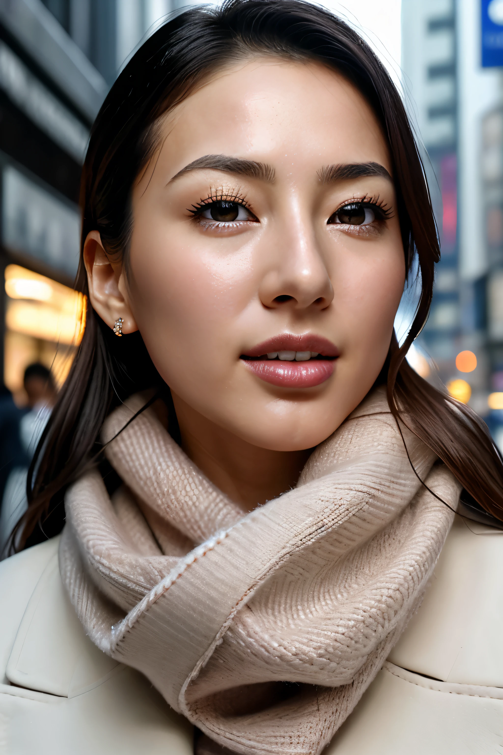 beautiful japanese actress,1 girl,debris flies,,Award-winning photo, very detailed, focus the eyes clearly, nose and mouth,face focus, super close up of face、 35 years old,black hair、symmetrical face,realistic nostrils、Angle from below、Elongated C-shaped nostril NSFW,(sharp nose)skin shining with sweat、shiny skin,(wrinkles between eyebrows))（cum on tongue)、deep kiss、((thin eyebrows))oily skin、radiant glowing skin、double eyelid、、Beautiful woman、medium hair,roll your eyes、shortcut、(Winter streets、long coat、sweater、sca can see the sky、Shibuya Center Street、