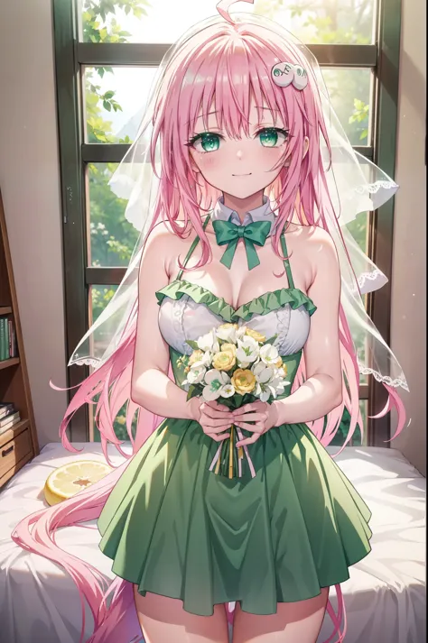 Lara Deviluke, Lara Deviluke, long hair, pink hair, tail, Ahoge, bangs, hair ornaments, (green eyes:1.5), smile,break demon tail, veil,yellow bra,yellow string underwear,One bouquet with a happy smile, smile, open your mouth, Are standing,
From above,Crouc...