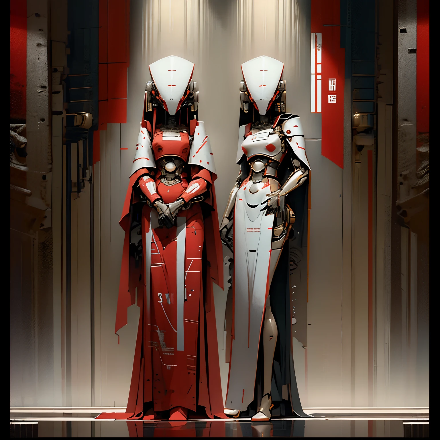 Robot conjoined twins, connected at the chest, very elegant robot, red and white robes, wearing a red dress, long limbs, smooth robotic paneling, very thin frame, flat chested, 