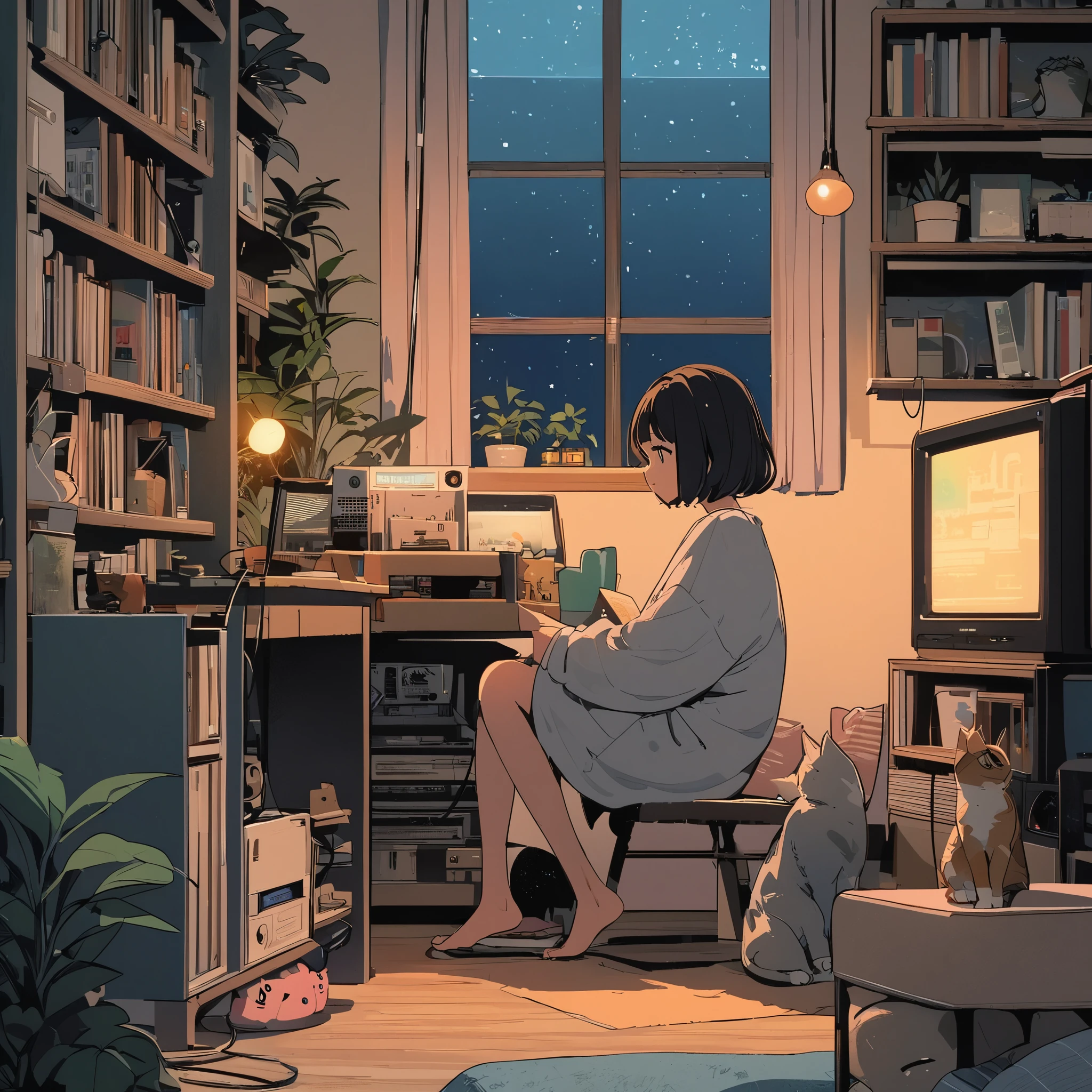 listen to jazz,A girl working with coffee in hand,The night sky is in the background,plant, black hair, indoors, holding, long sleeve, long hair, stuffed toy, potted plant, Book, food, window, Telephone, loaded interior, tv set, short hair, behind, 動物のstuffed toy, with cat, slipper, barefoot, sitting, Bookshelf, shelf, cable, computer