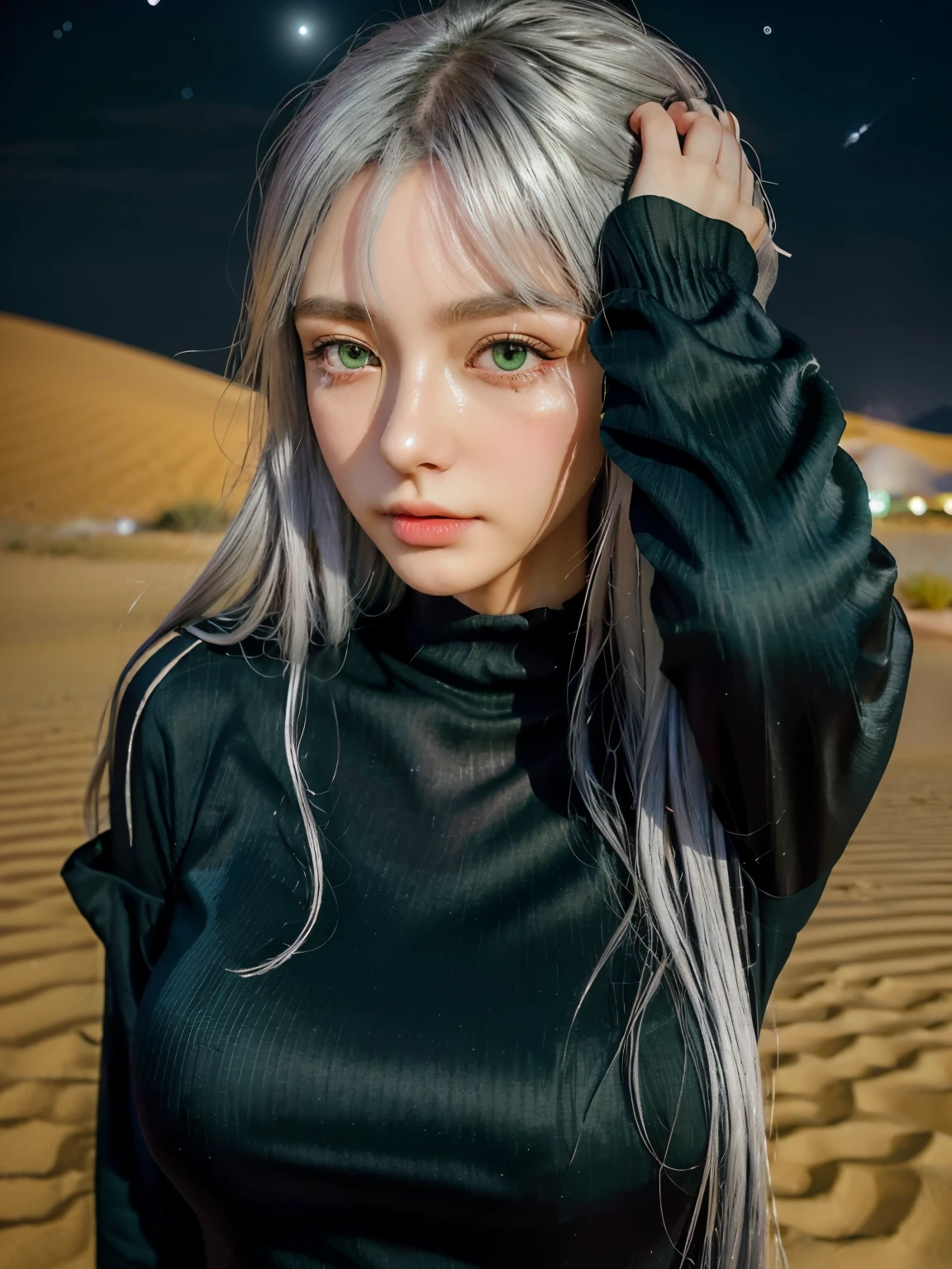 (4k), (highest quality), (best details)（surrealistic）people々corpse of、silver hair、green eyes、black clothes、毒キノコをpeople々Give、フランスpeopleの美しい死神女、An oasis in the Namib desert、night