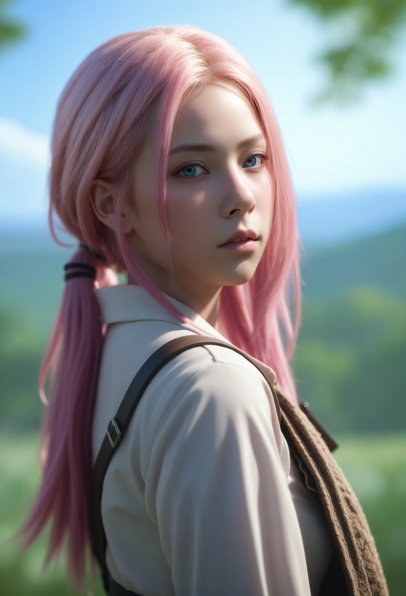 high resolution, masterpiece,Michonne Four Seasons, pink hair, alone, 1 girl,external,Detailed background, delicate eyes, ((blue eyes))