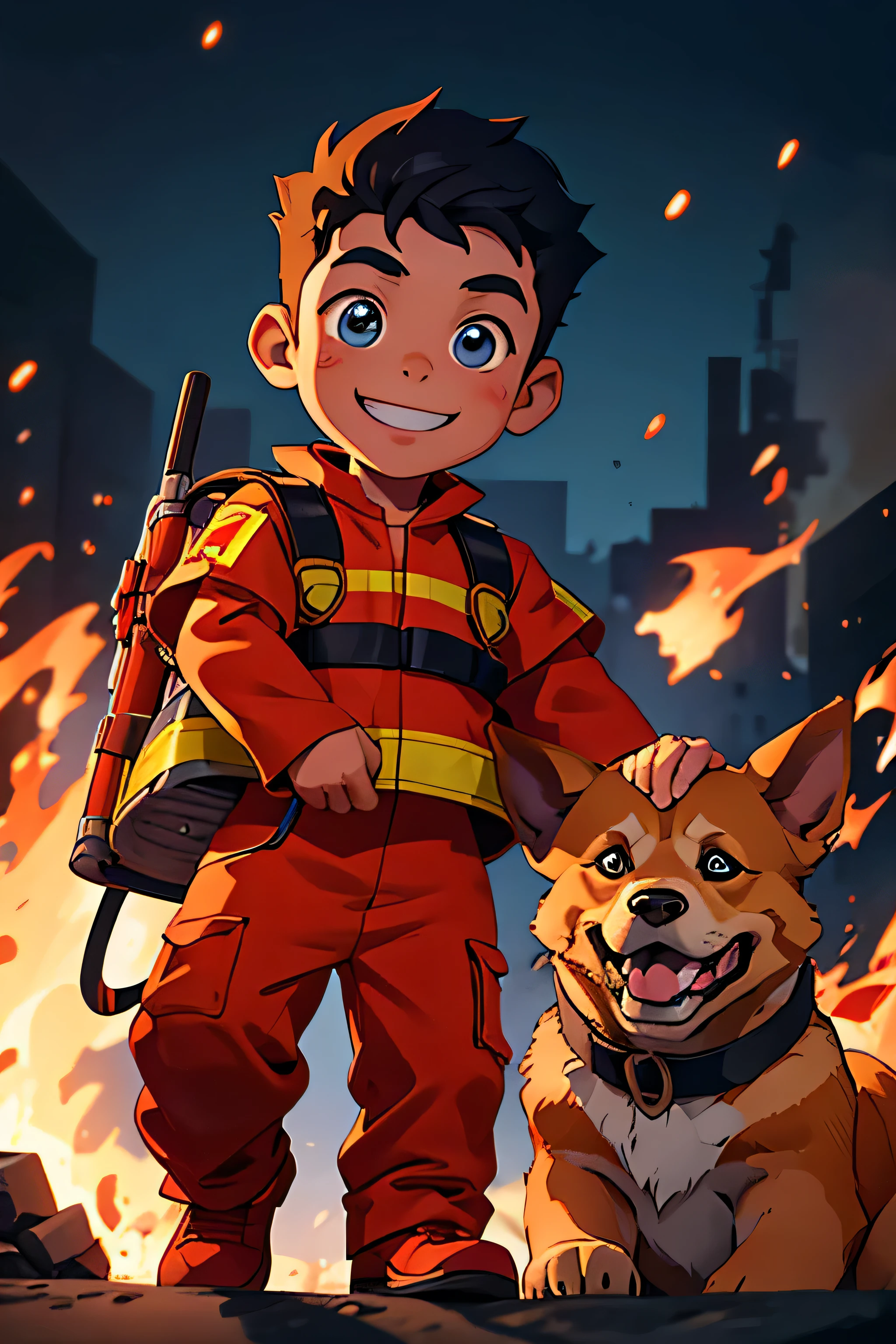 an animated image of a boy named alex a 7 years of age with a fire fighter costume with a smiling face who is ready to rescue a dog from a fire outbreak