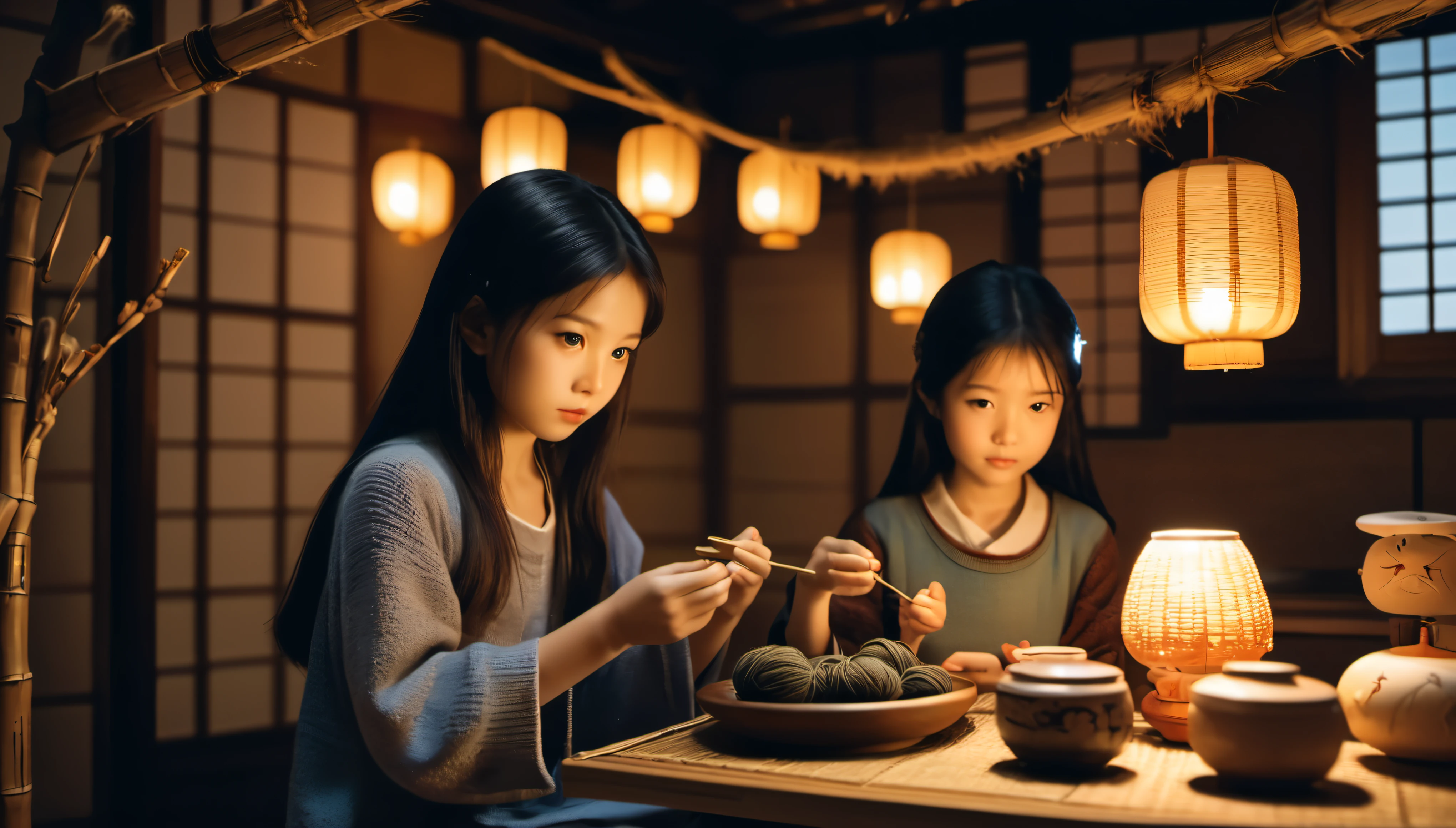 cinematic photo style by Araki, 1 girl  with long hair along with a woman 50 years old with short blond hair, girl crocheting knitted toys while sitting in a deep chair, Group portrait, against the background of the interior of a Japanese hut with children&#39;s drawings , there is one beautiful bowl of tea on the bamboo table, books, night darkness, lighting from lamps, film, bokeh, professional, 16k, highly detailed,