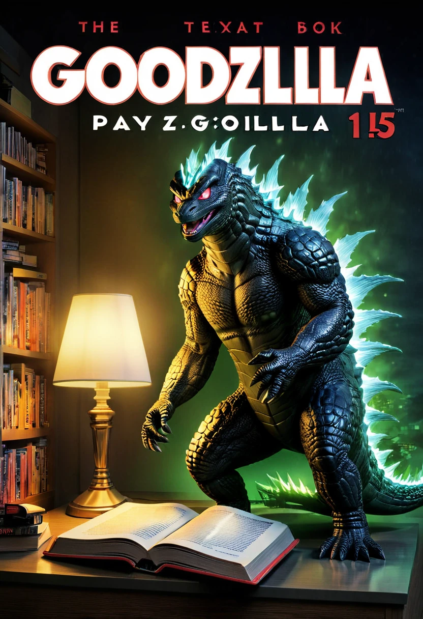 close-up, ((creates a book with the cover of Godzilla:1.5, and a text that says (Godzilla:1.5))), pay attention to the book, which is on a nightstand, with a lit nightstand, masterpiece, HD, cinematic lighting, blurred background, 32k